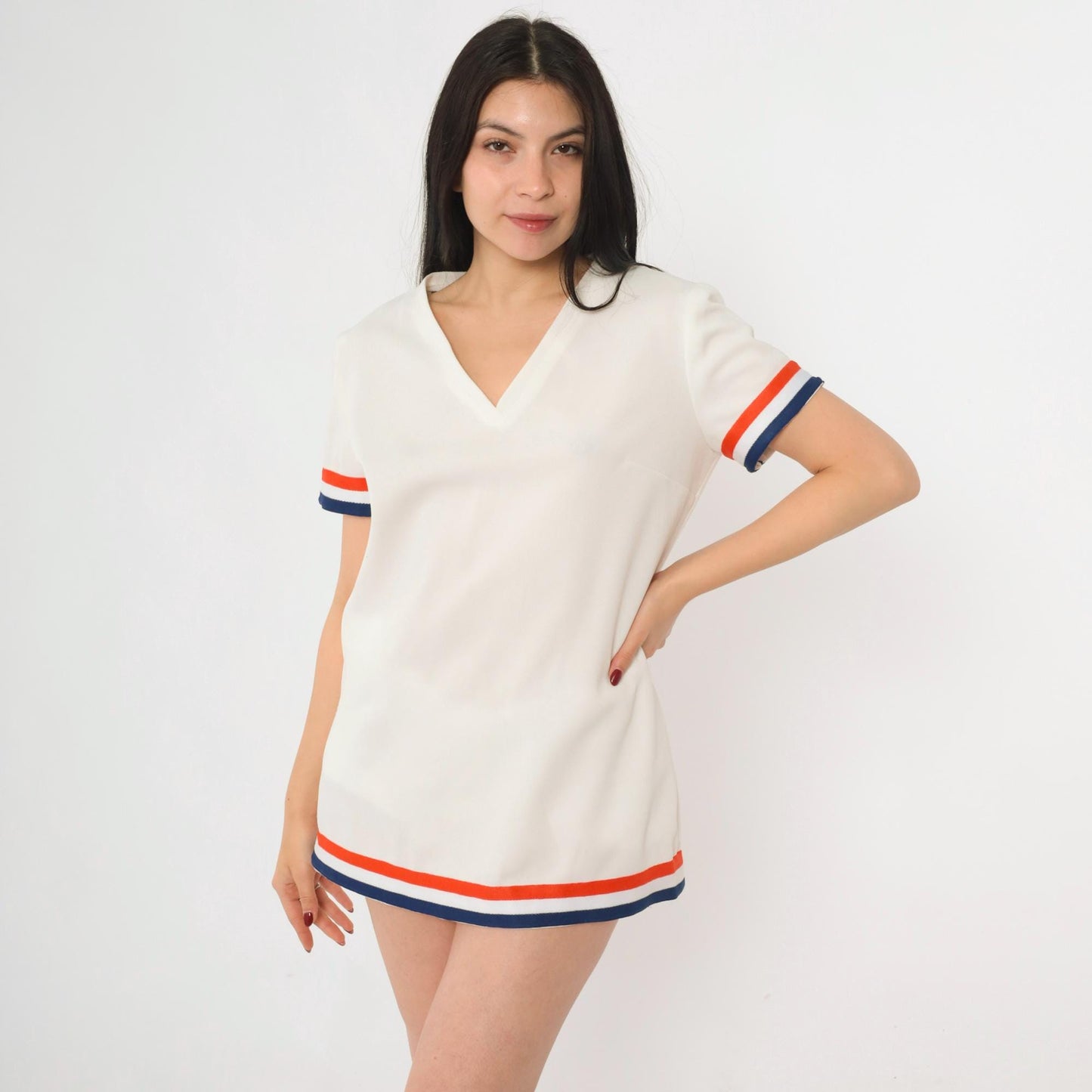60s Mod Striped Shift Dress White Blue Orange V-Neck Short Sleeve Medium M