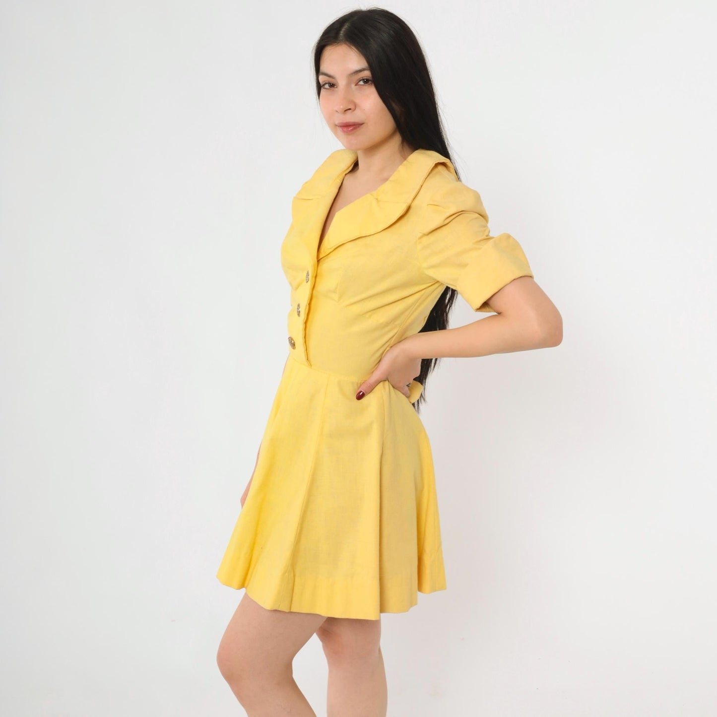 60s Yellow Mod Mini Dress Puff Sleeve Button-Up Collared A-Line Small