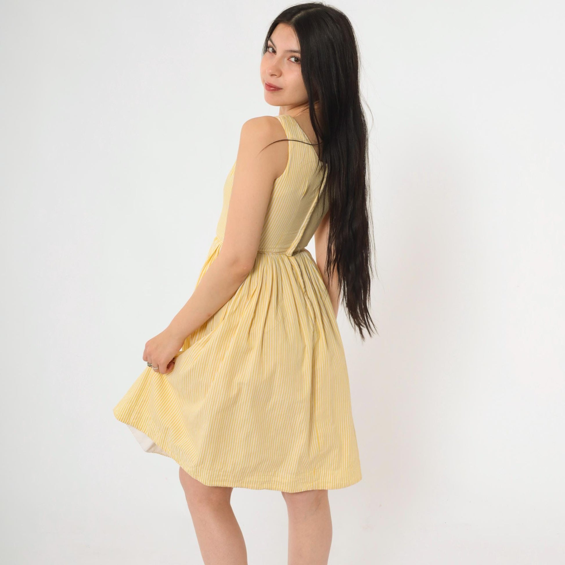 60s Yellow Striped Fit and Flare Mini Dress High Waist Pleated Sleeveless XXS