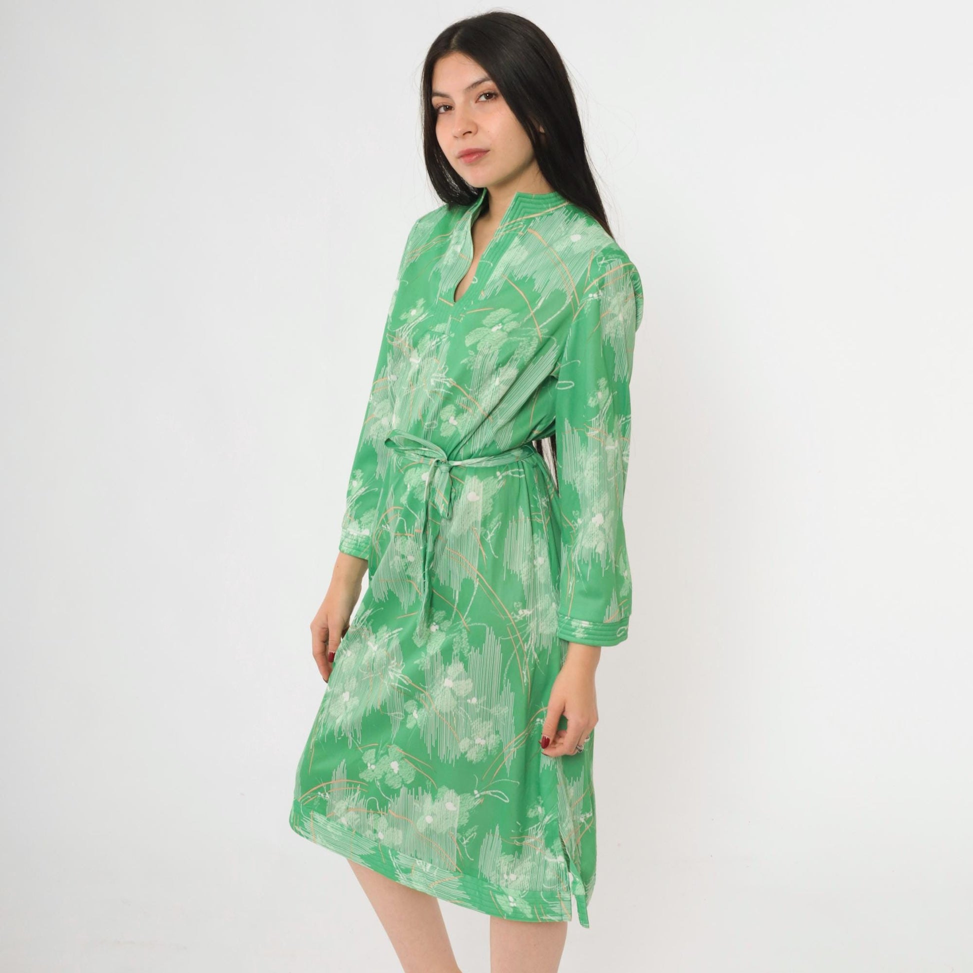 70s Abstract Floral Midi Dress Green Mandarin Collar Side Slit Tie Belt Large