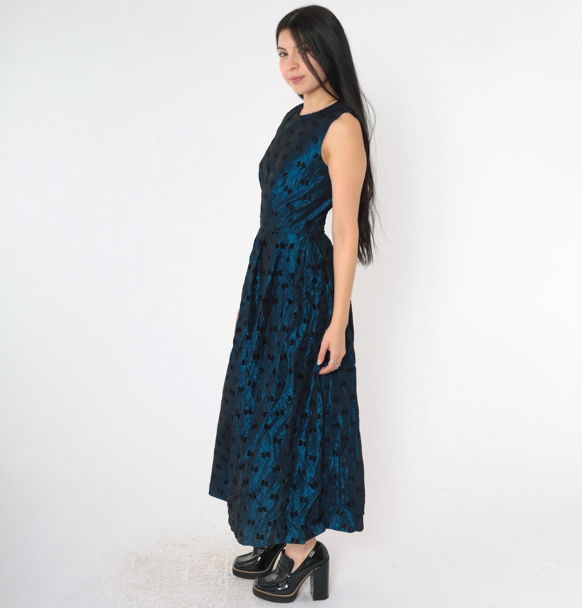 90s Susan Bristol Blue Taffeta Bow Print Midi Party Dress Extra Small