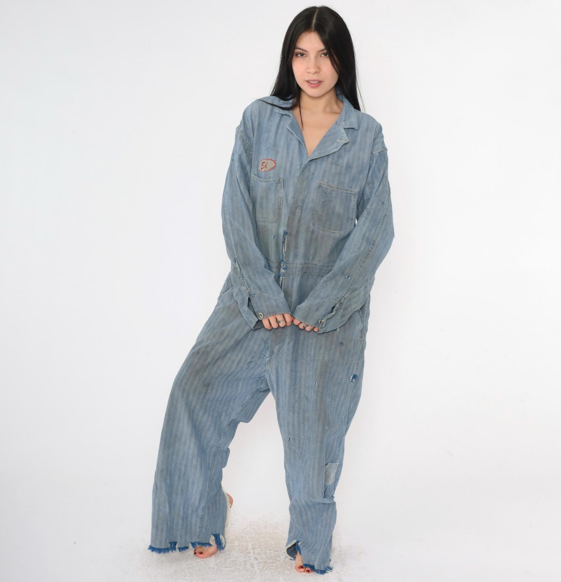 1960s WW Corporation Herringbone Denim Coveralls Workwear Distressed 48