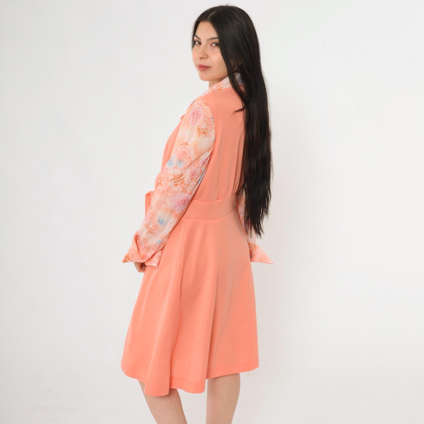 70s Peach Floral Button-Up Midi Dress High Waist Long Sleeve Collared Large L