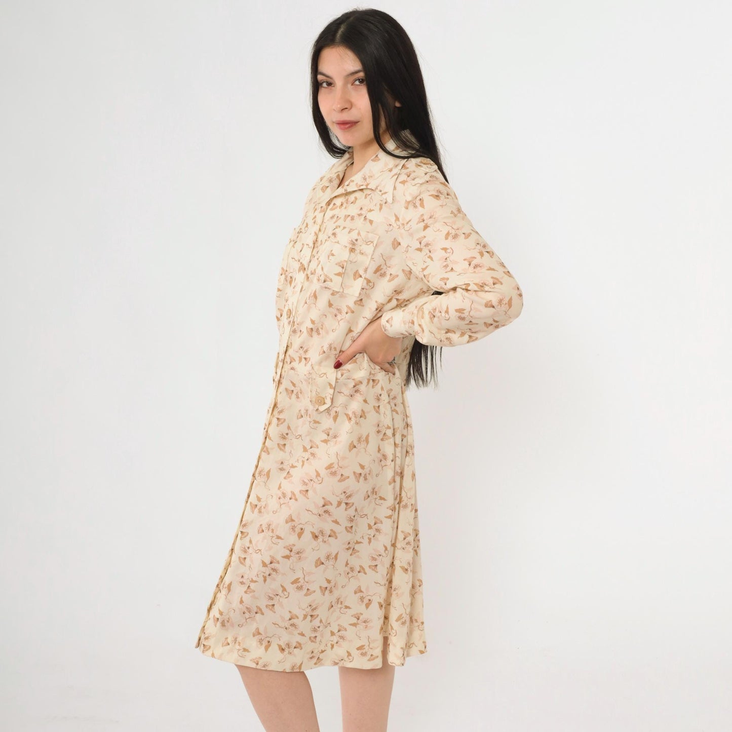 70s Cream Floral Midi Dress Button Up Long Sleeve Dagger Collar Fitted Waist Large