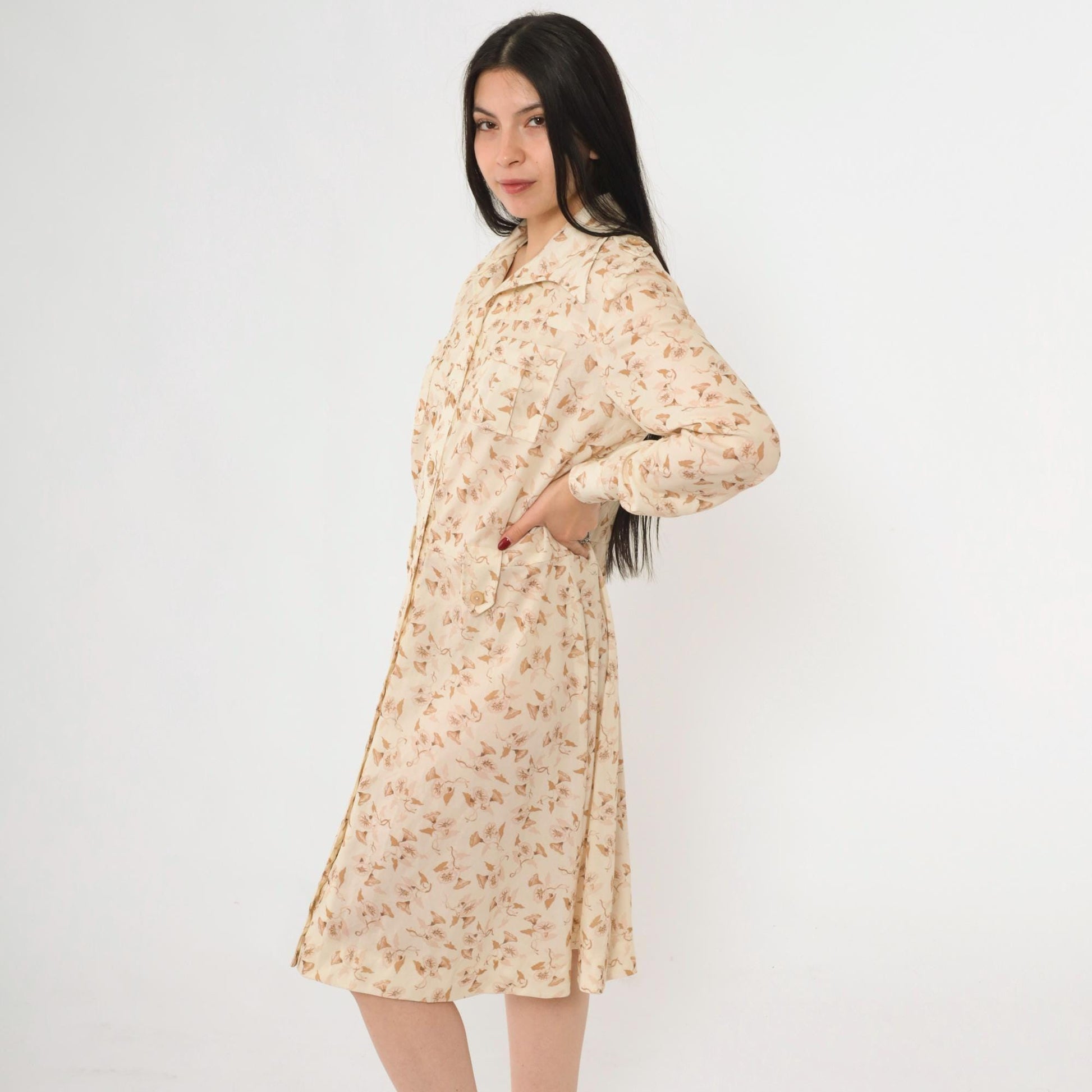 70s Cream Floral Midi Dress Button Up Long Sleeve Dagger Collar Fitted Waist Large