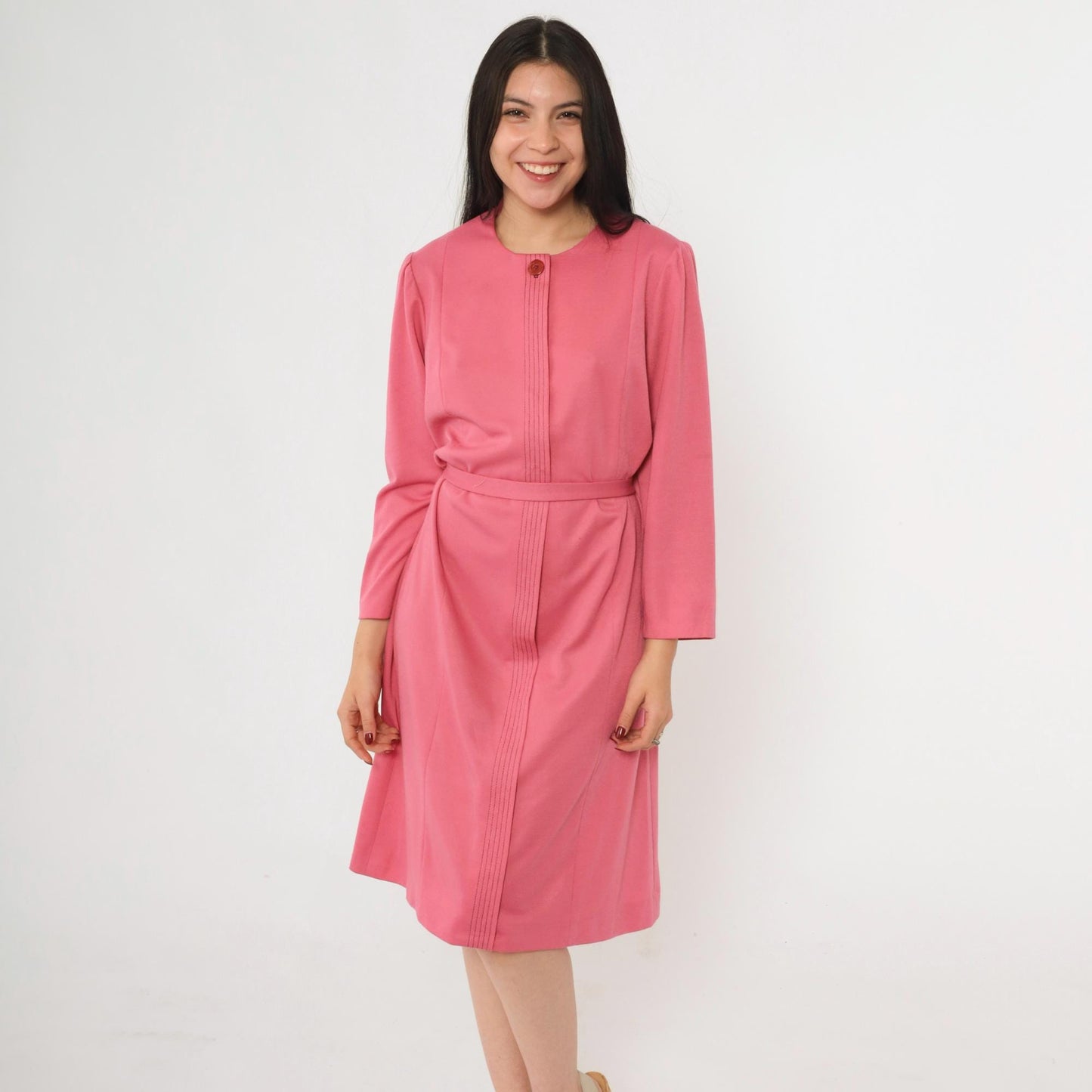 70s Pink Button-Up Shirtdress A-Line Midi Puff Sleeve Tie Belt Large