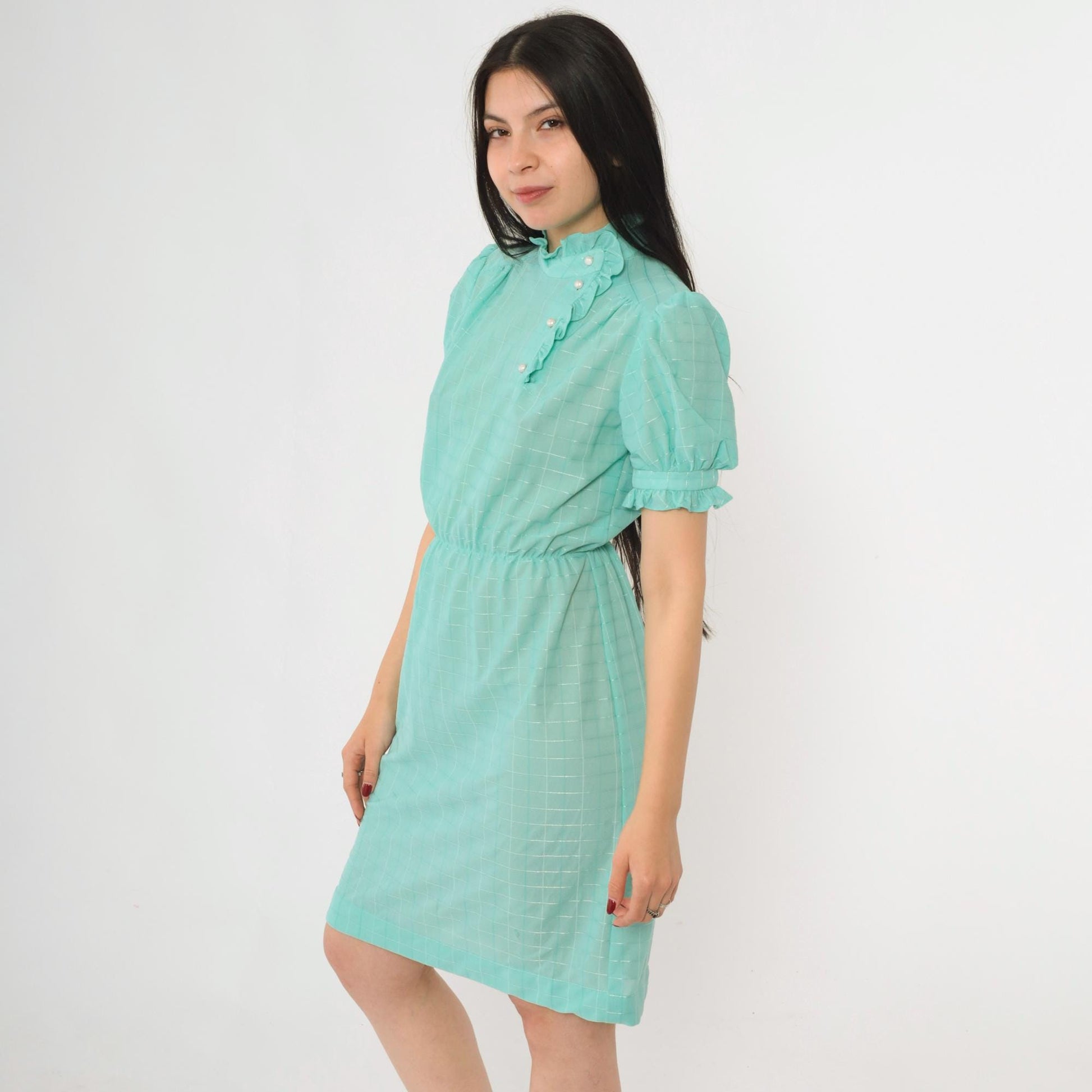 80s Seafoam Checkered Midi Dress Puff Sleeve Button-Up Ruffle Neckline Small