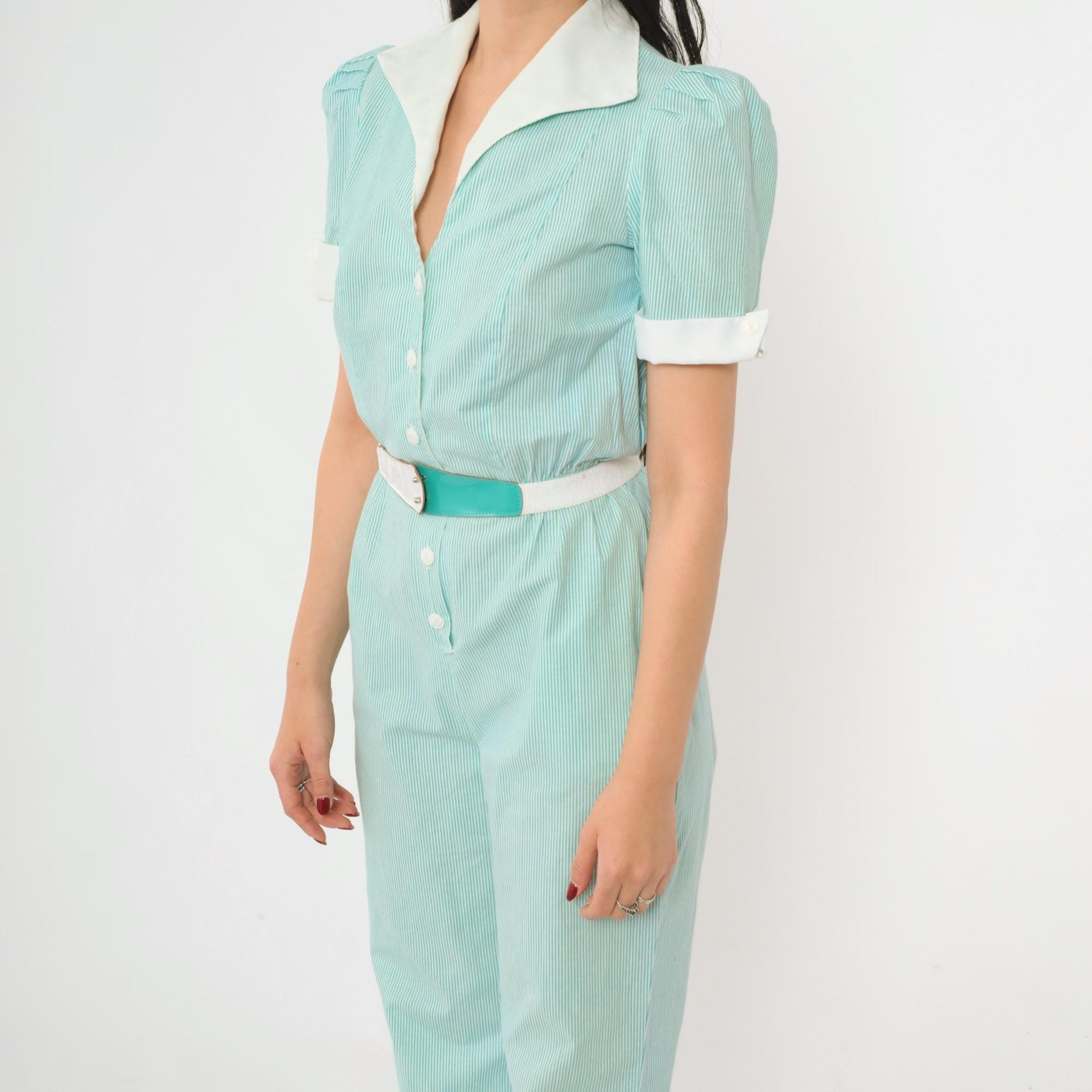 80s Aqua Striped Puff Sleeve Jumpsuit High Waisted Button Up Cotton Extra Small