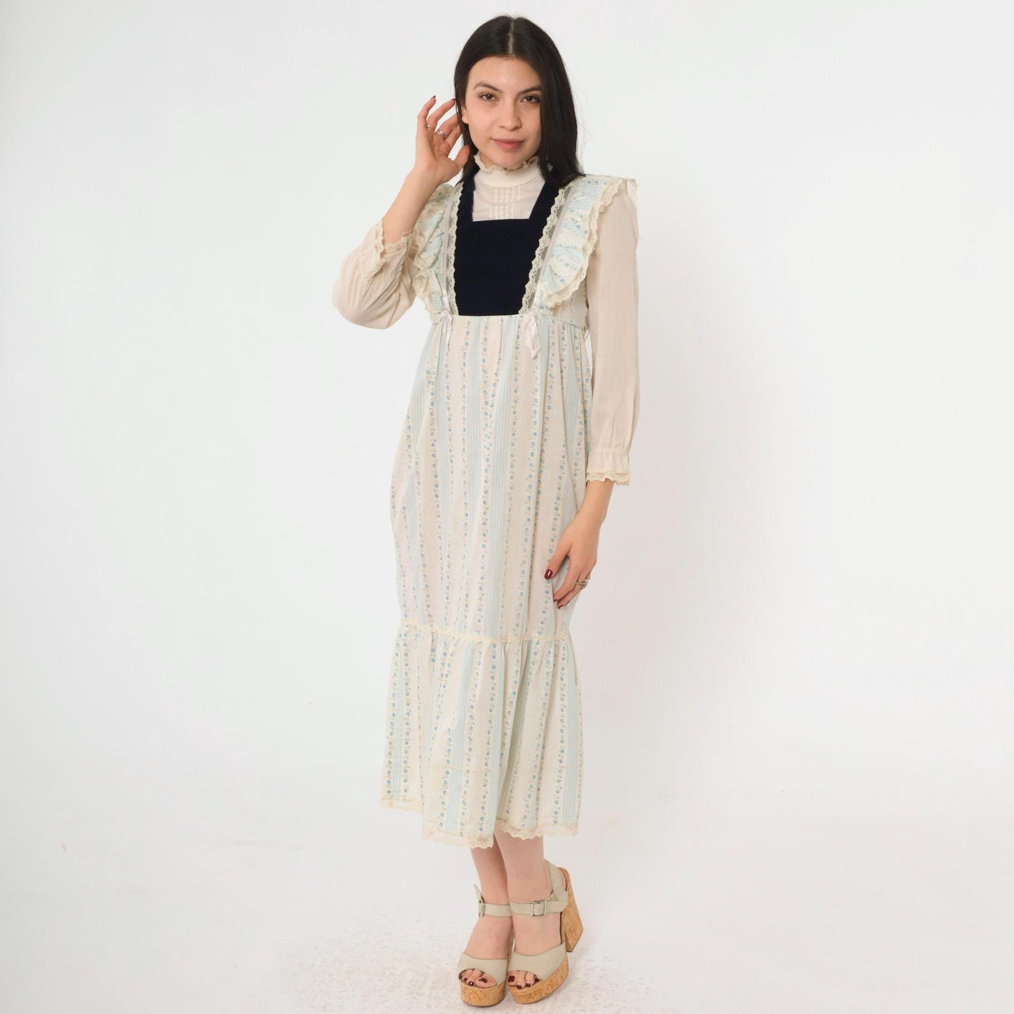 70s Prairie Midi Dress Blue Floral Velvet Bib Lace Ruffle High Neck XXS