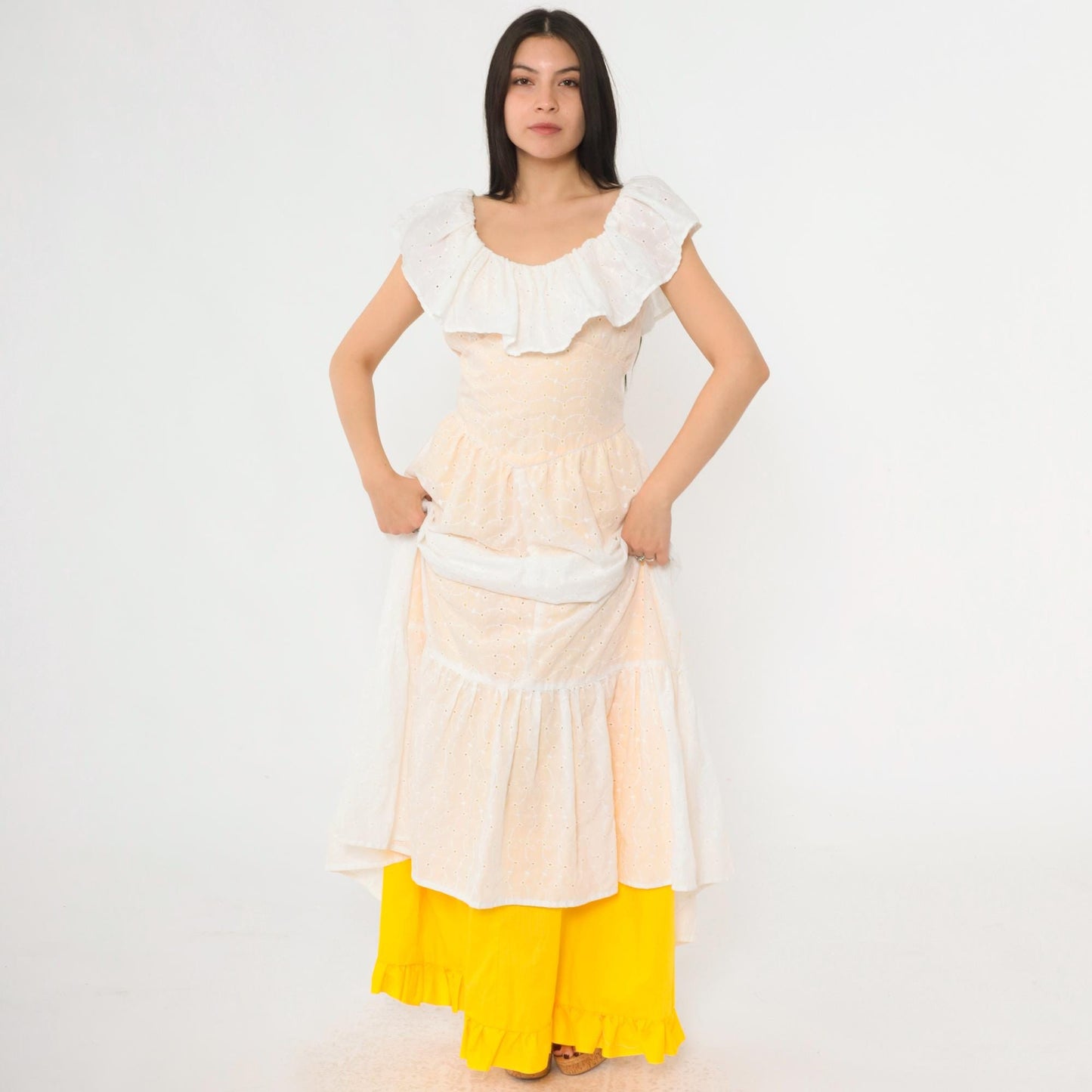 70s White Eyelet Lace Maxi Dress Yellow Lining Ruffled Off-Shoulder Small
