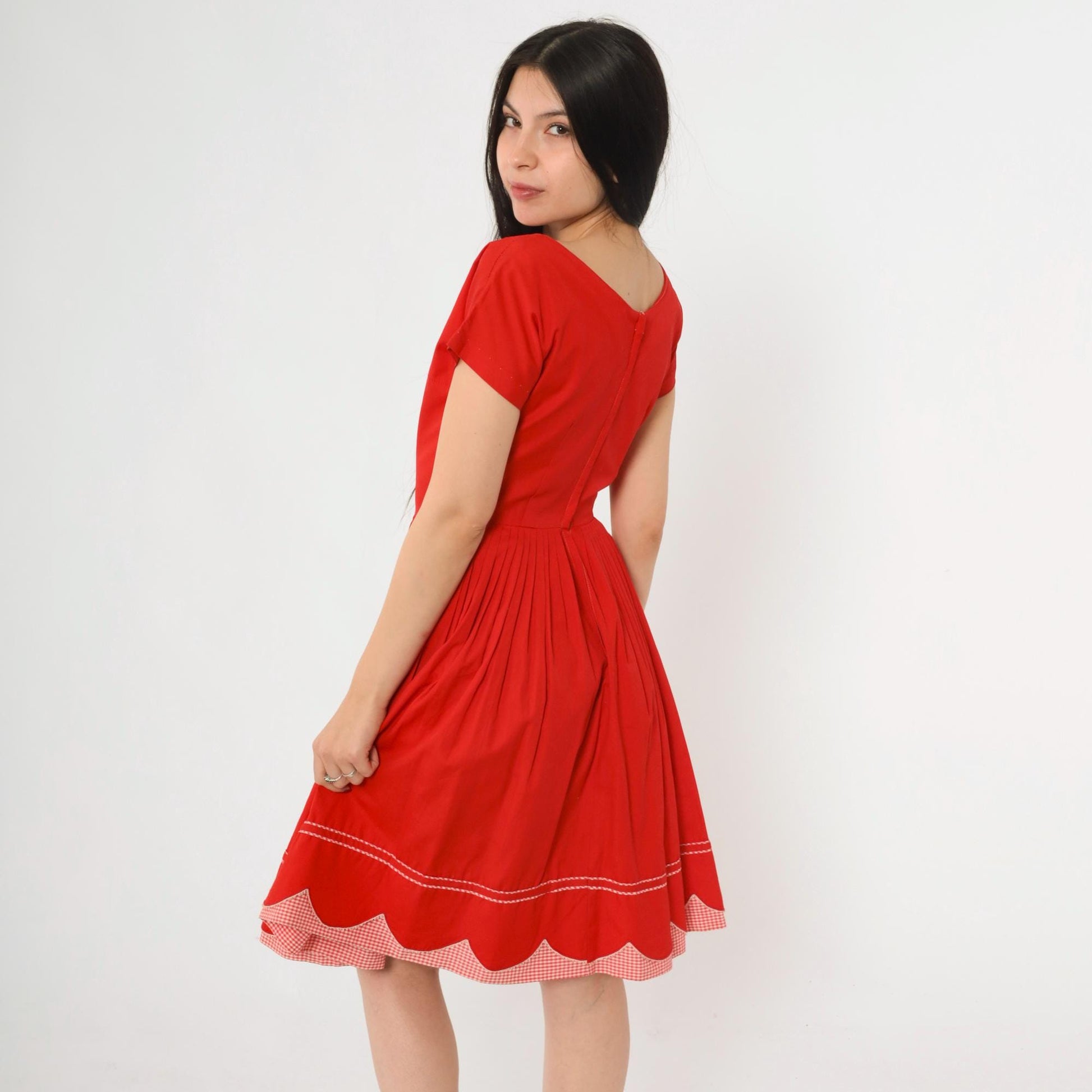 60s Red Pleated Dress Gingham Trim Boatneck Short Sleeve Knee Length Extra Small