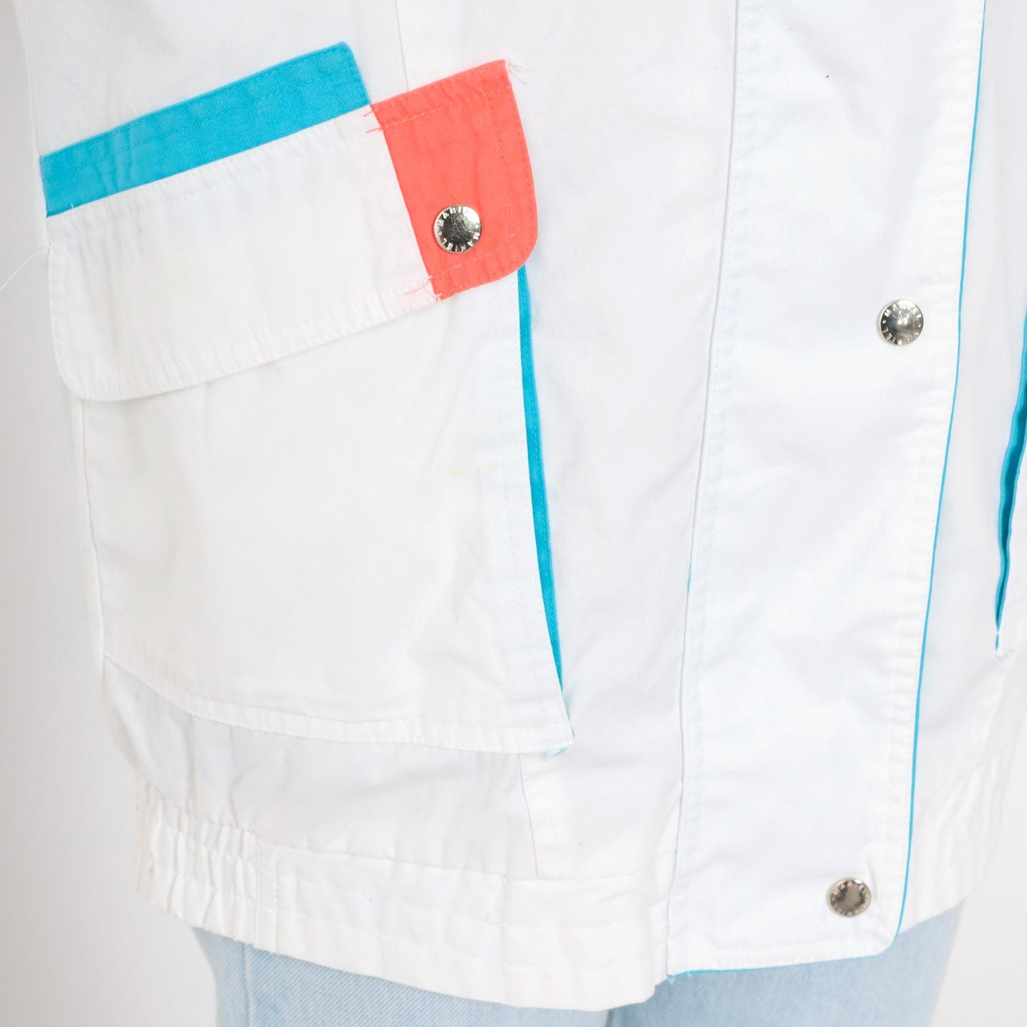 80s White Windbreaker Jacket Snap Zip Blue Coral Trim Small S