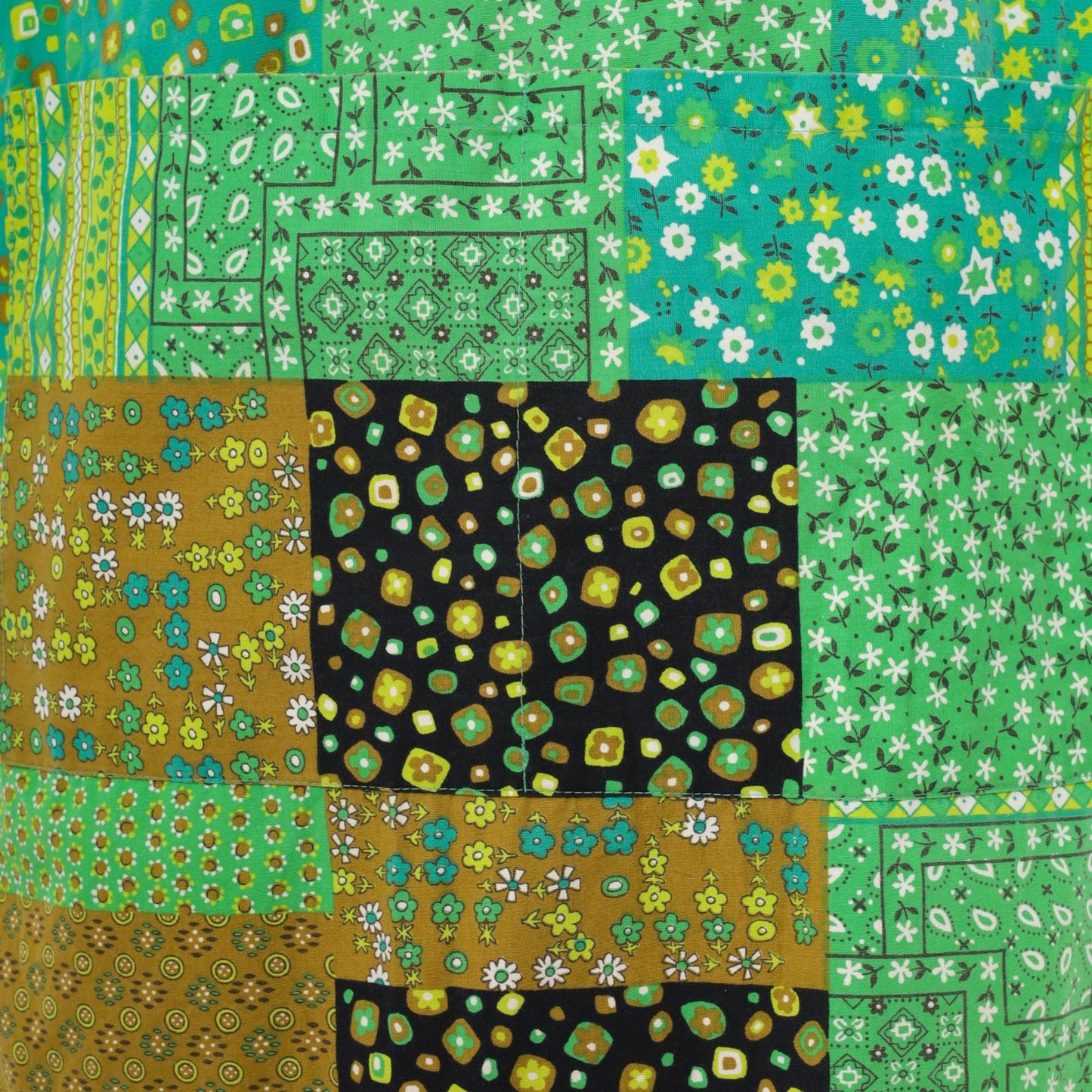 70s Patchwork Floral Mini Dress Green Calico Shift Half Sleeve Medium M