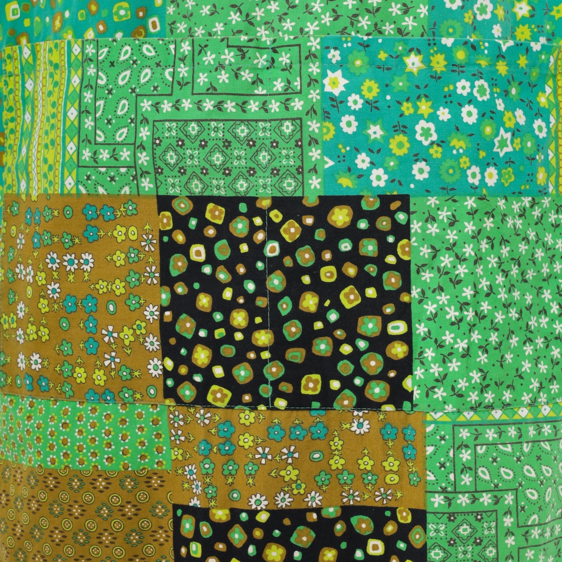 70s Patchwork Floral Mini Dress Green Calico Shift Half Sleeve Medium M