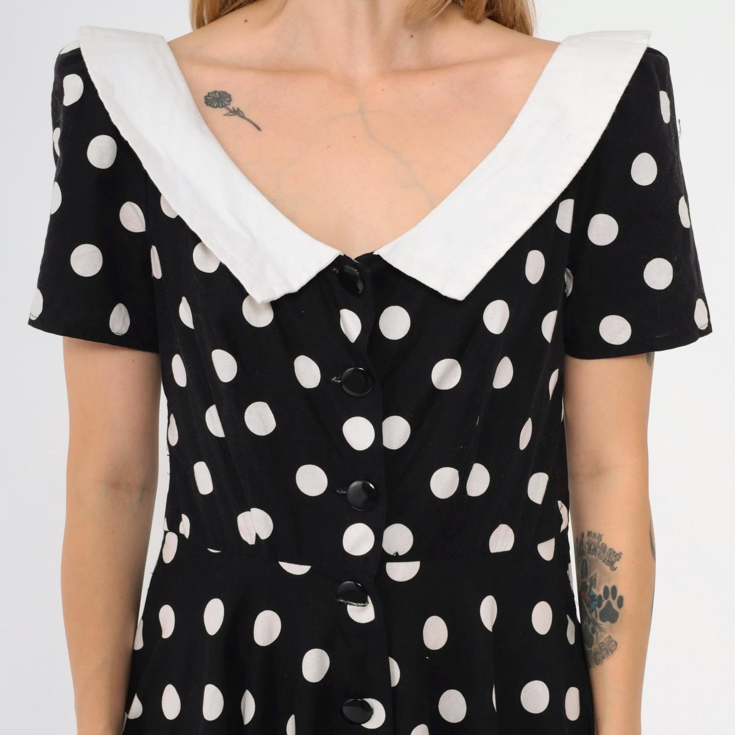 80s Black White Polka Dot Midi Shirtdress High Waist Button Up Cotton Medium