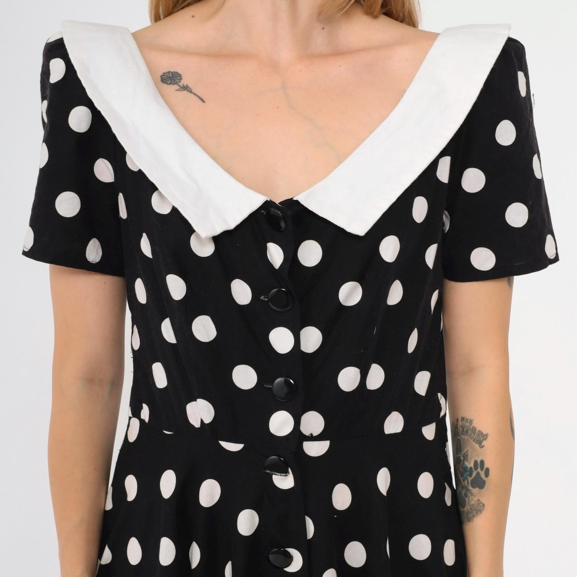 80s Black White Polka Dot Midi Shirtdress High Waist Button Up Cotton Medium