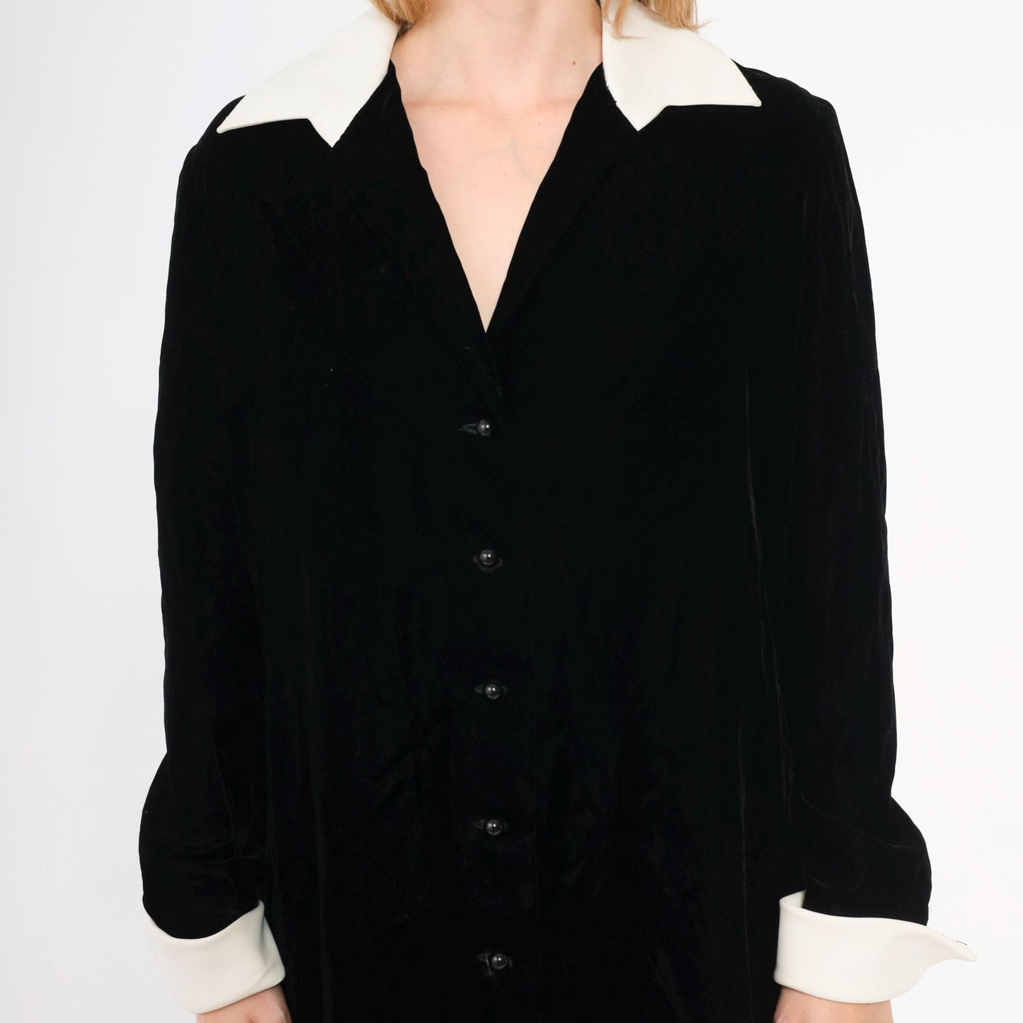 90s Victor Costa Black Velvet Mini Dress White Collar Long Sleeve Medium