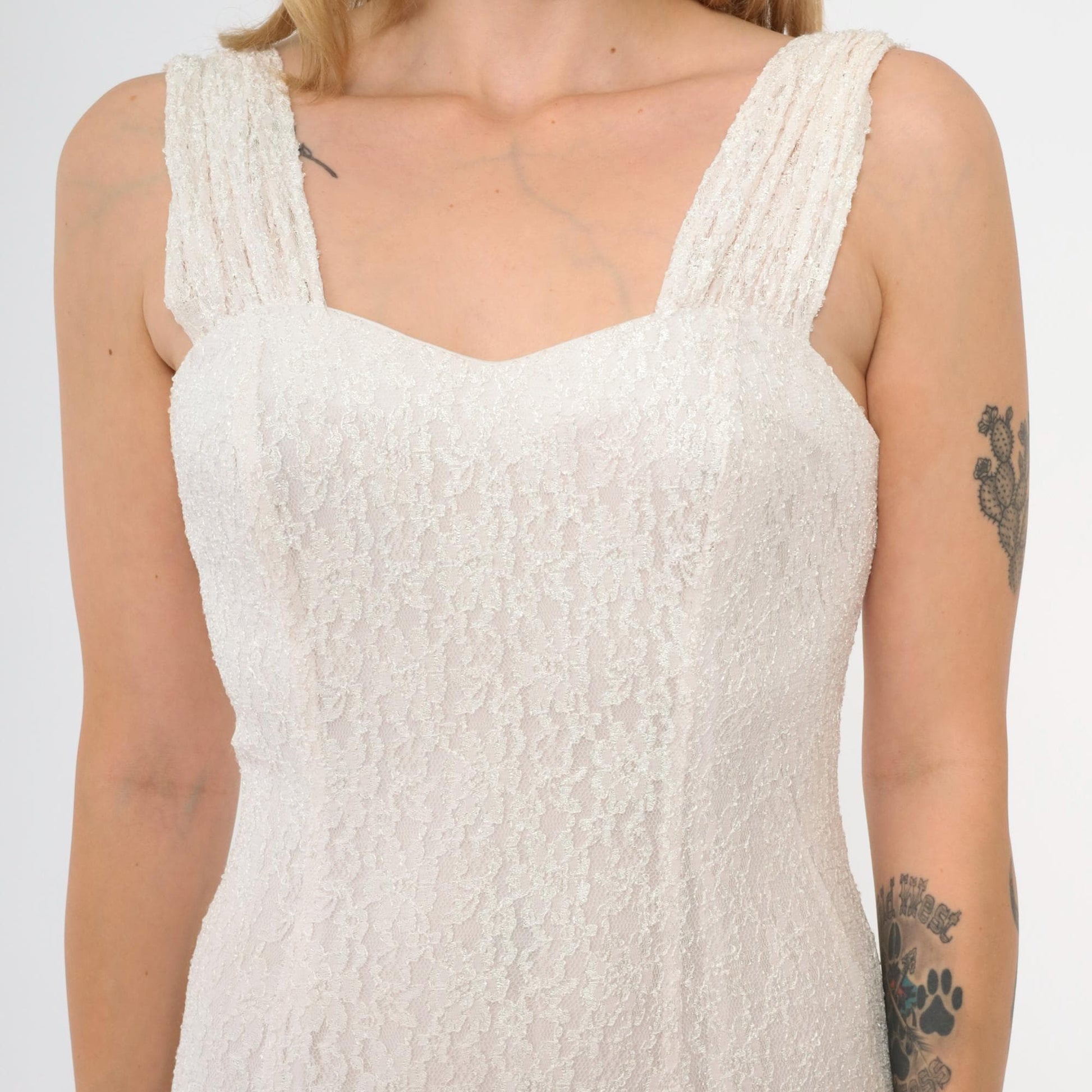 90s White Lace Maxi Dress Sweetheart Neckline Ankle Length Small