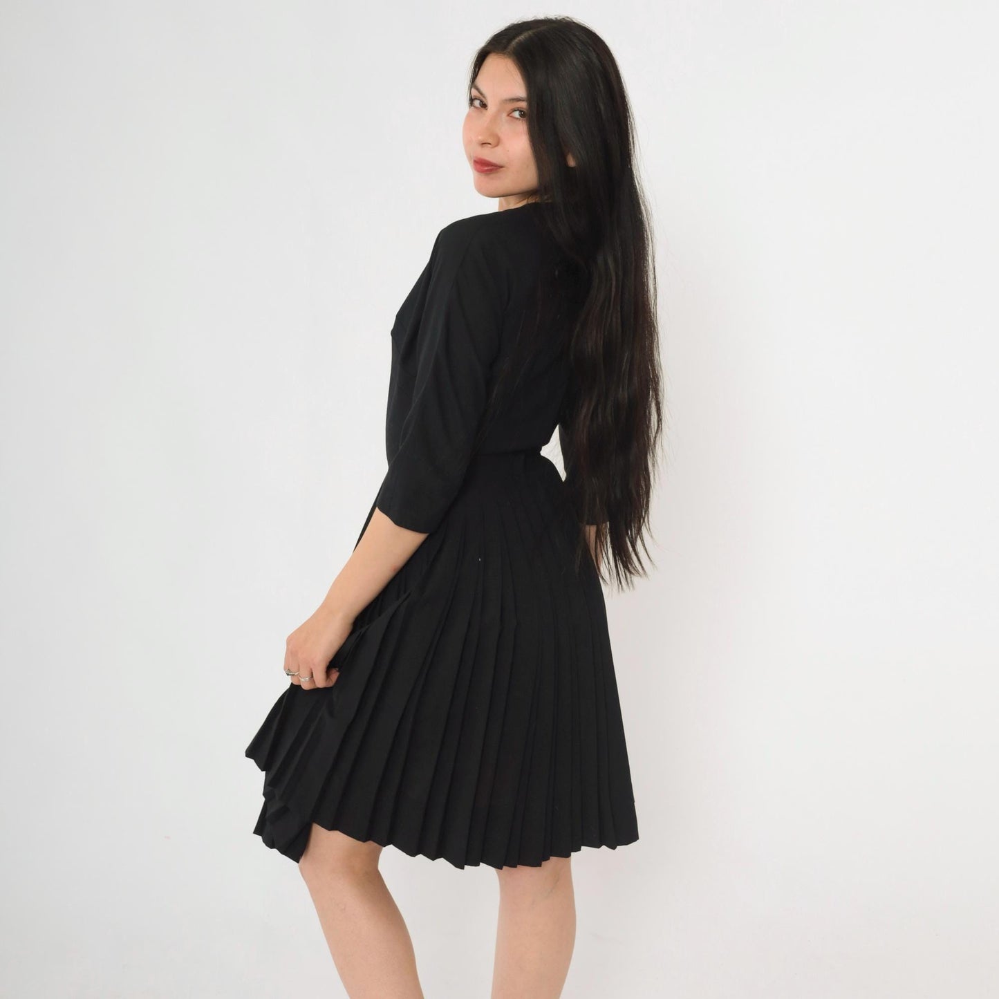 60s Howard Wolf Black Pleated Cocktail Dress 3/4 Sleeve Tailored Extra Small XS