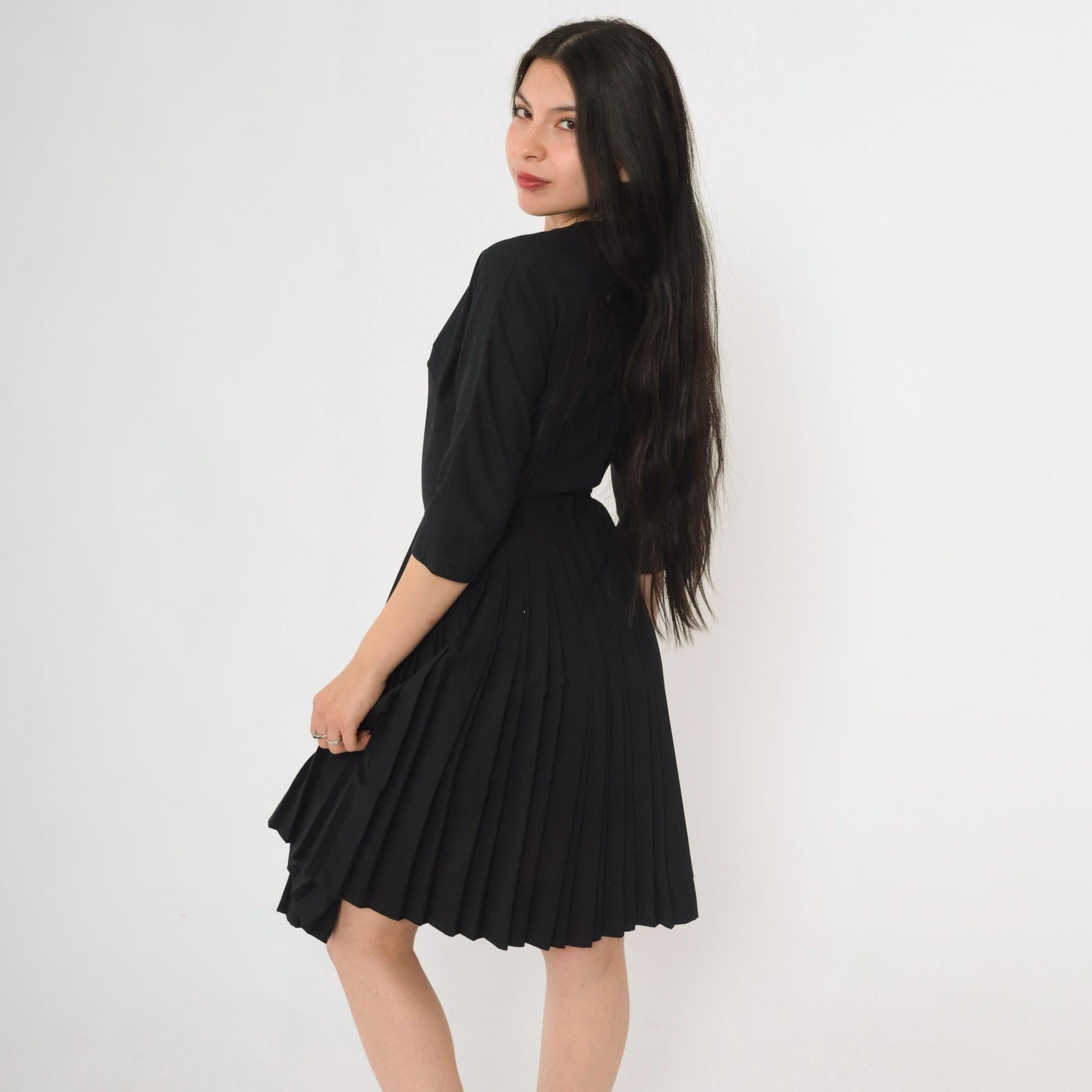 60s Howard Wolf Black Pleated Cocktail Dress 3/4 Sleeve Tailored Extra Small XS
