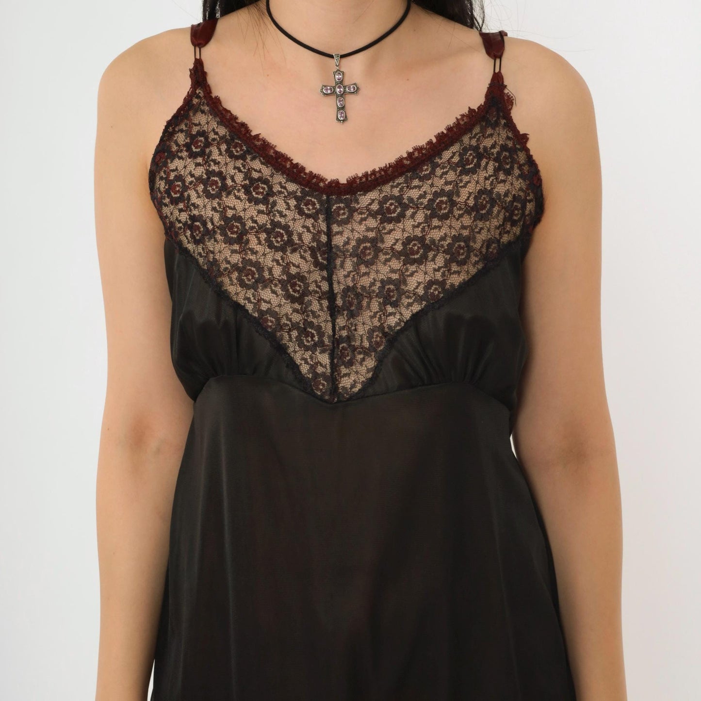 1960s Black Lace Slip Dress Empire Waist Spaghetti Strap Sheer Medium