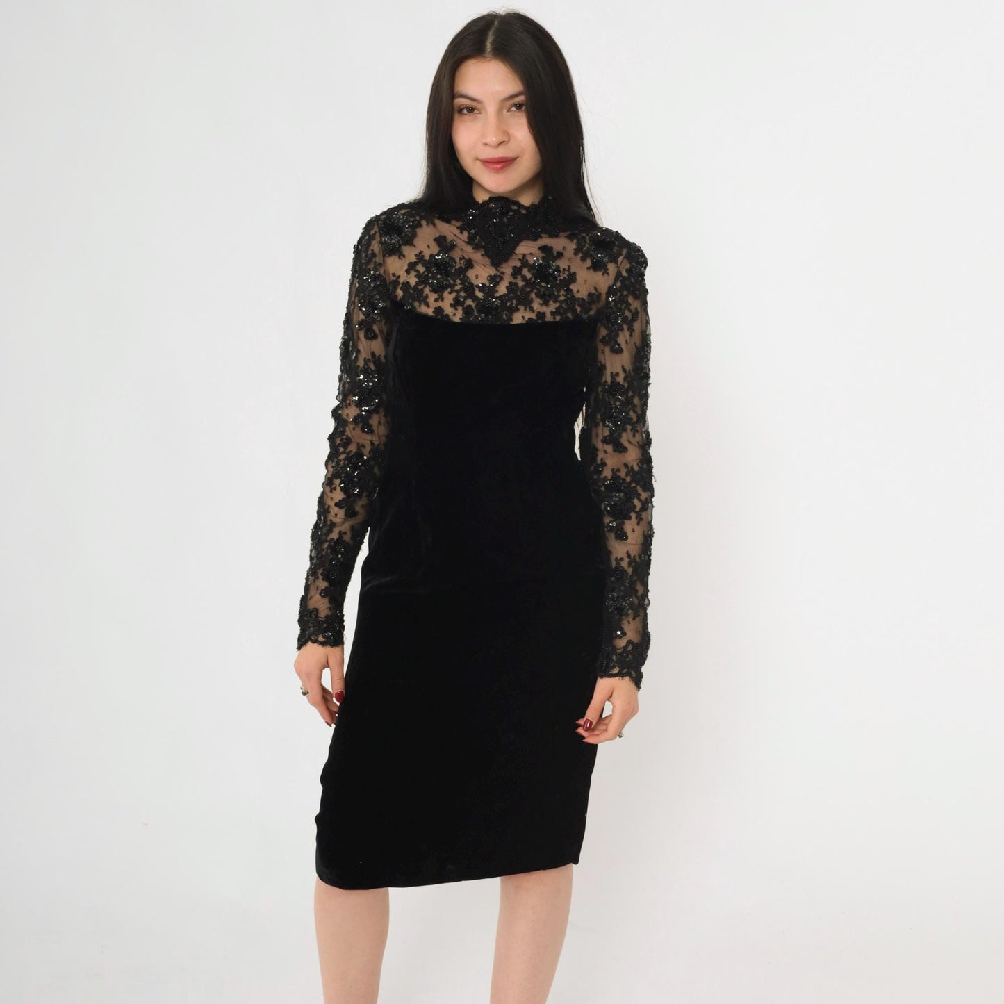 80s Oscar de la Renta Black Velvet Cocktail Dress Illusion Neckline Small