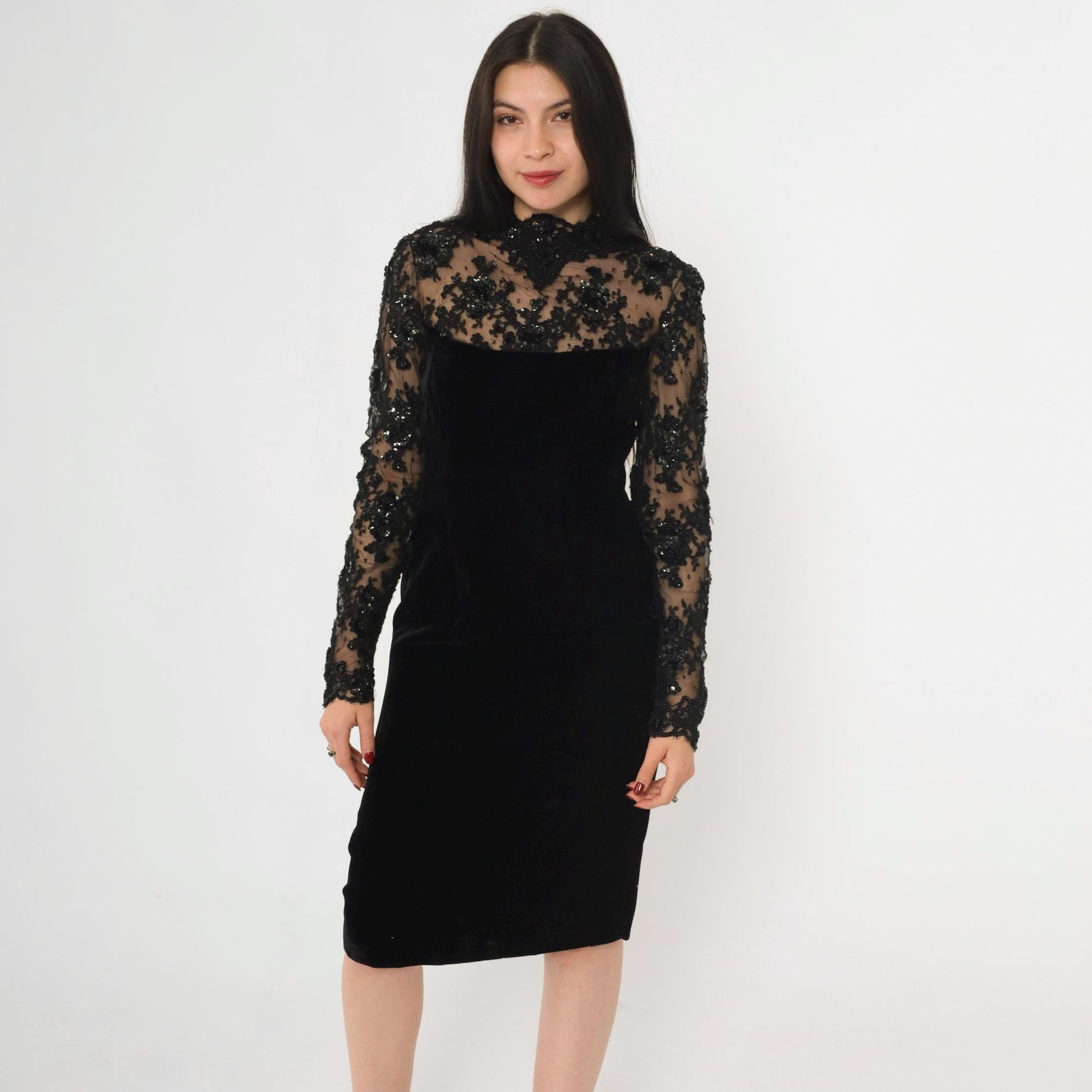 80s Oscar de la Renta Black Velvet Cocktail Dress Illusion Neckline Small