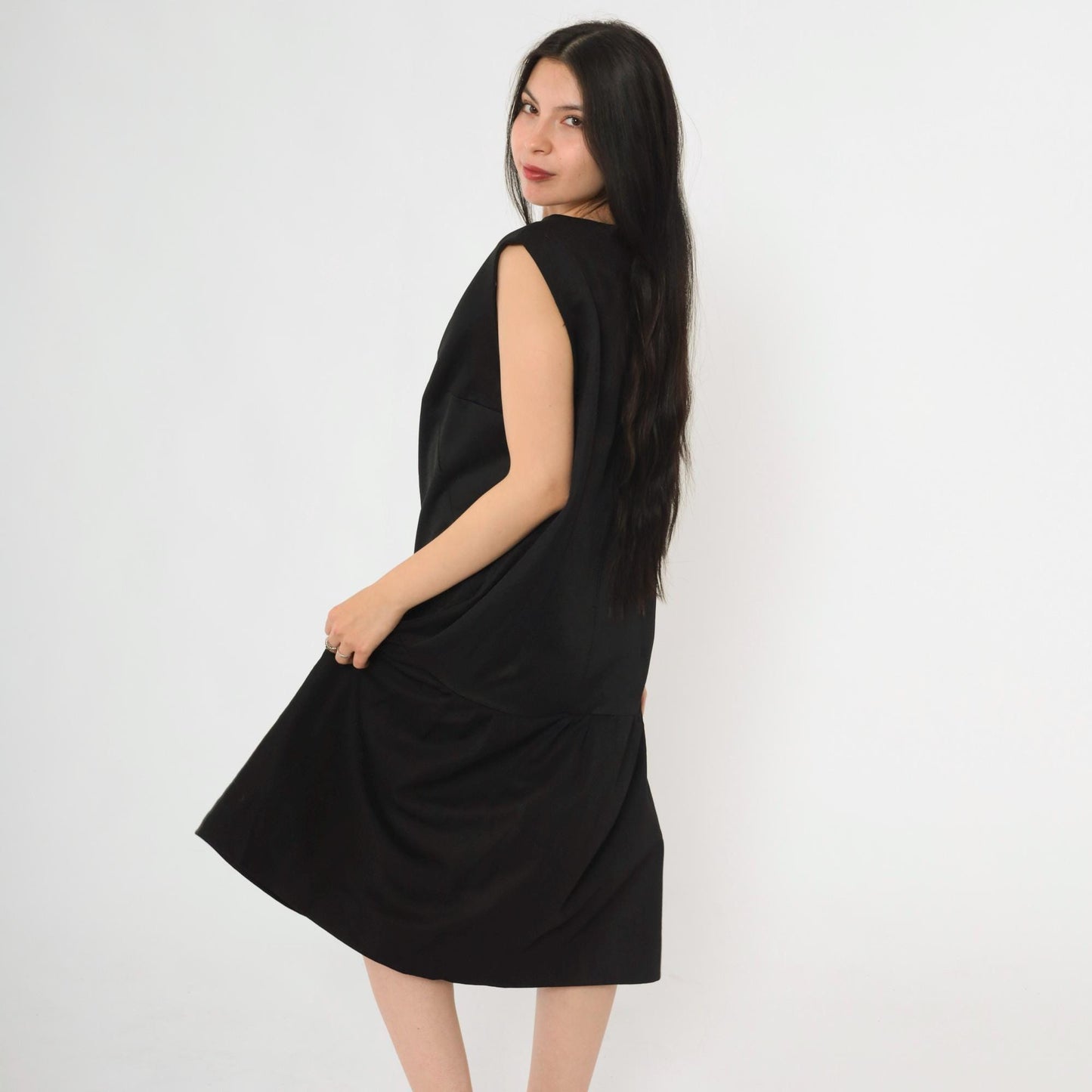 1960s Black Drop Waist Midi Dress Sleeveless V Neck Mod Large