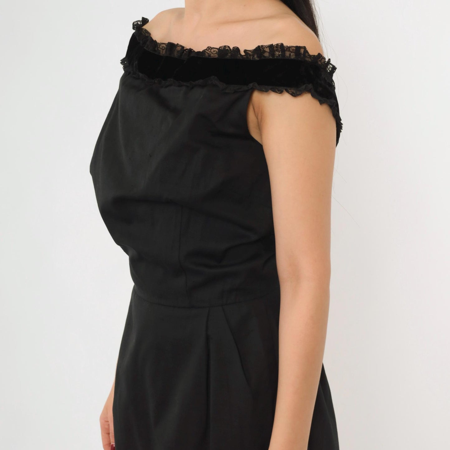 1960s Maggi Stover Black Cocktail Dress Off-Shoulder Velvet Lace Midi Small 4