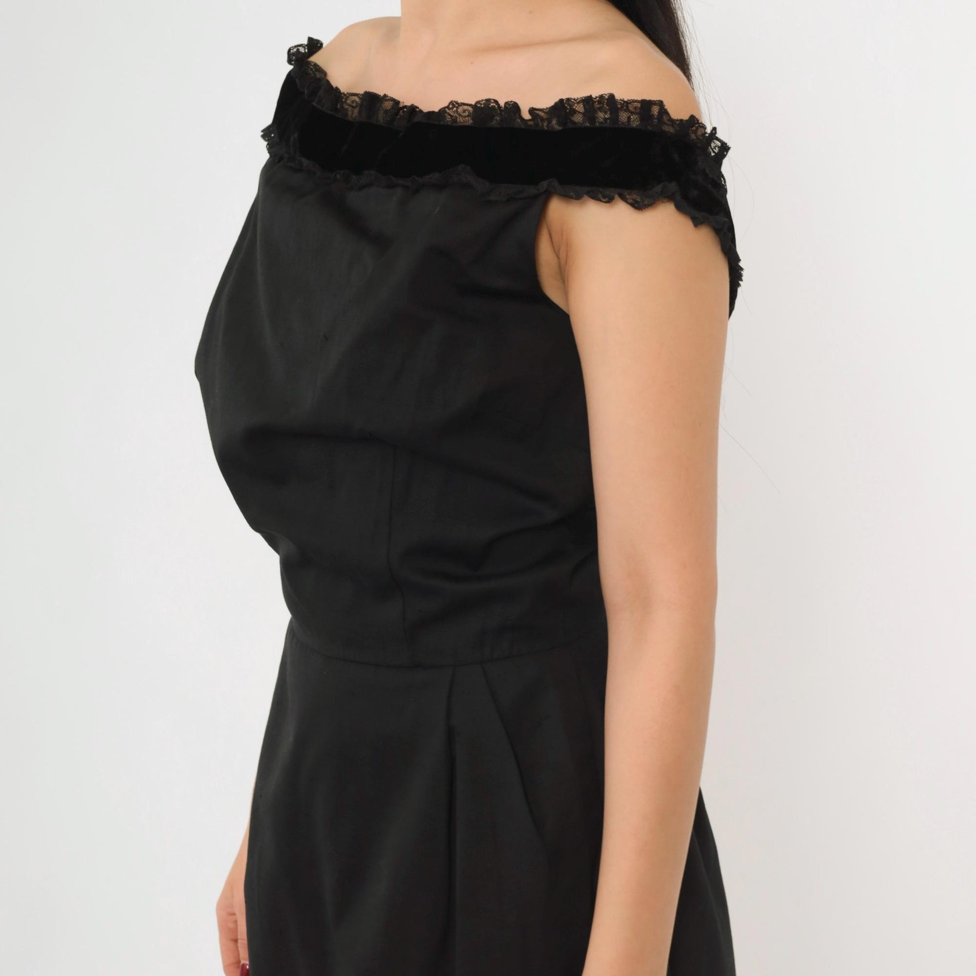 1960s Maggi Stover Black Cocktail Dress Off-Shoulder Velvet Lace Midi Small 4