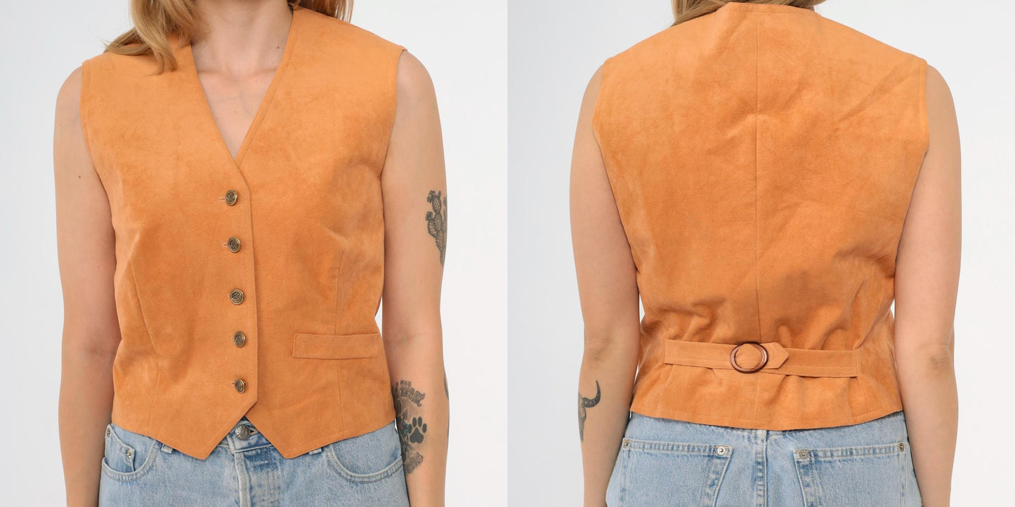 80s Orange Faux Suede Vest Button-Up Tailored Sleeveless Small