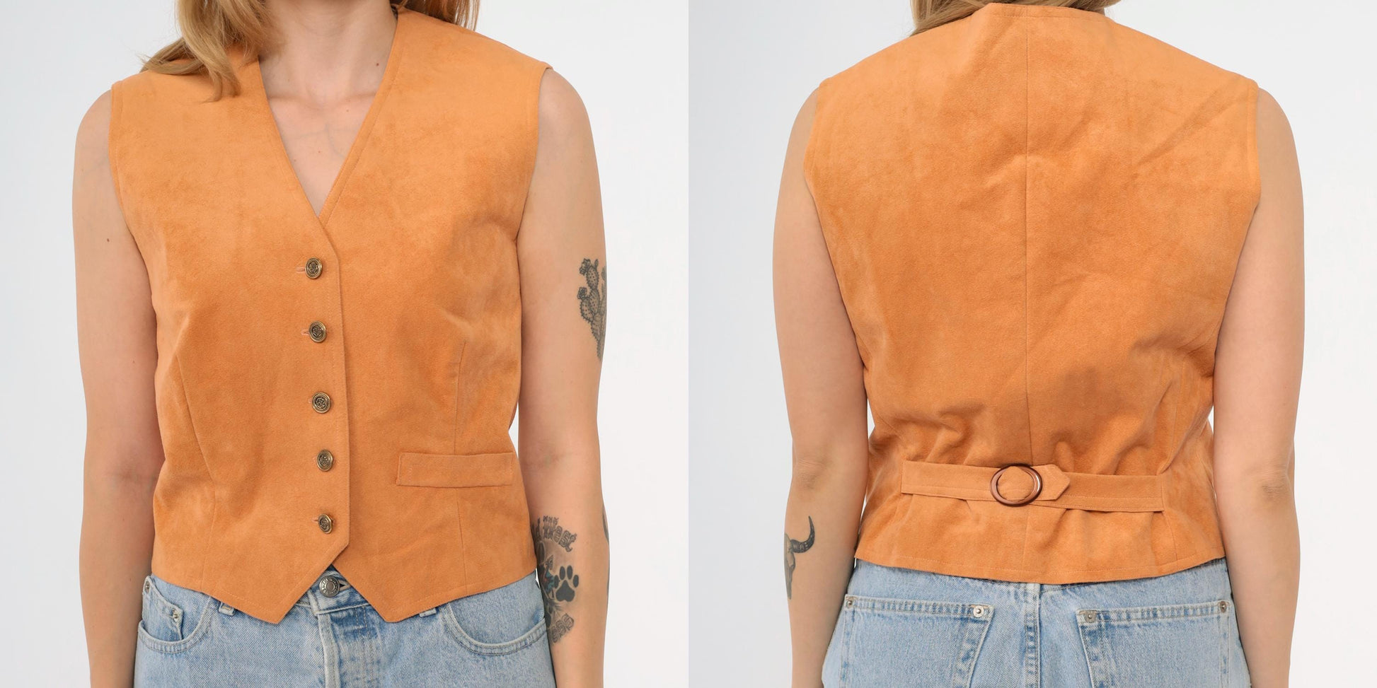80s Orange Faux Suede Vest Button-Up Tailored Sleeveless Small