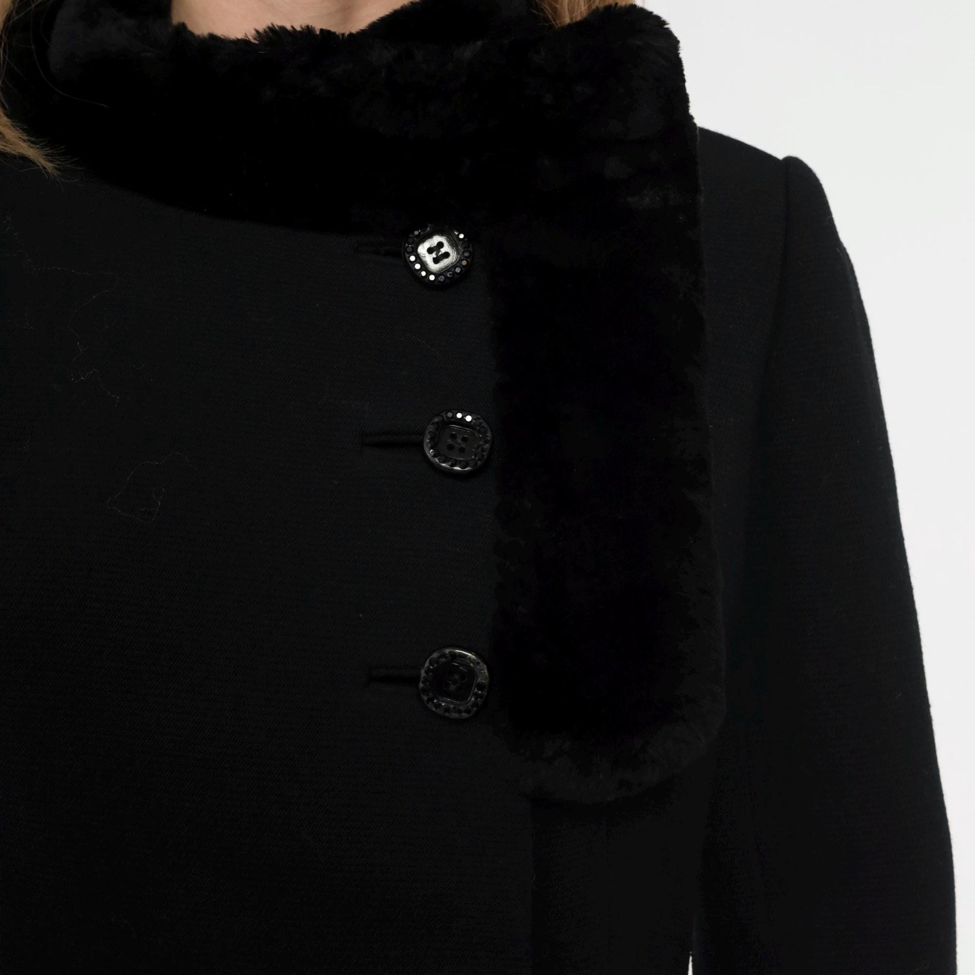 60s Black Faux Fur Trim Jacket Asymmetrical Button Mod Coat Extra Small