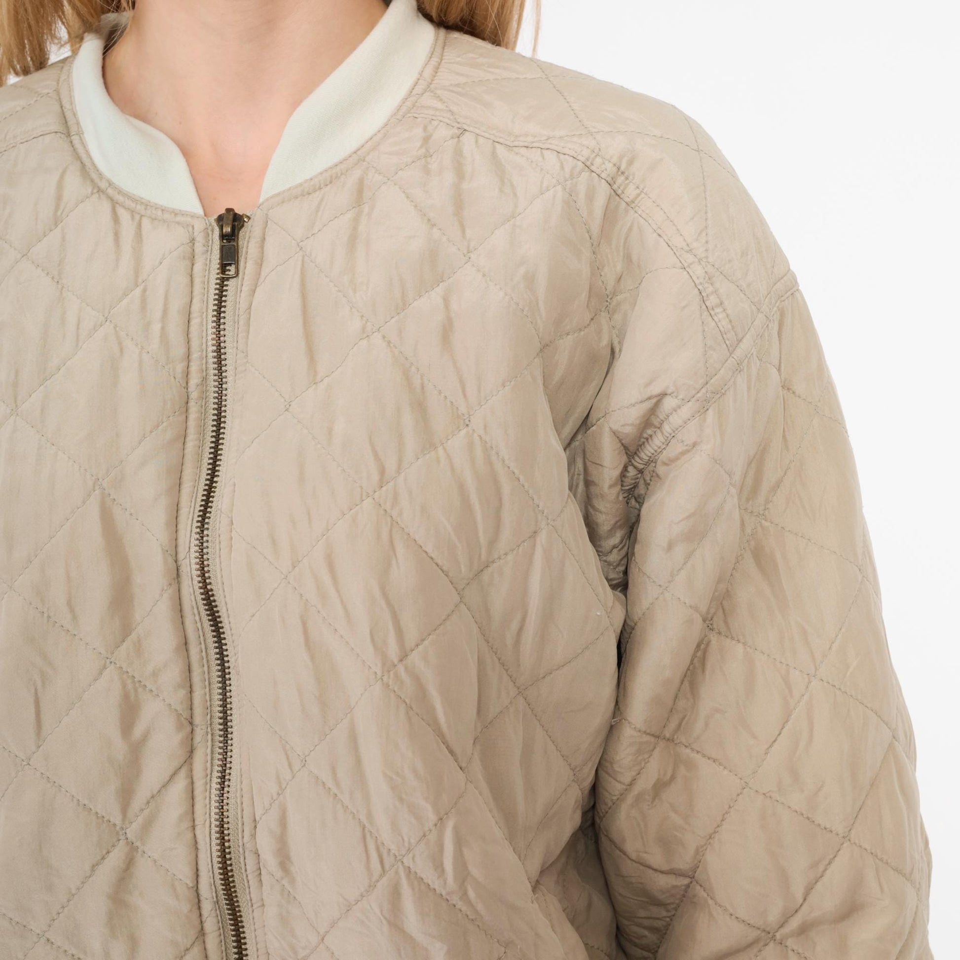 90s Taupe Quilted Silk Bomber Jacket Zip-Up Windbreaker Large L