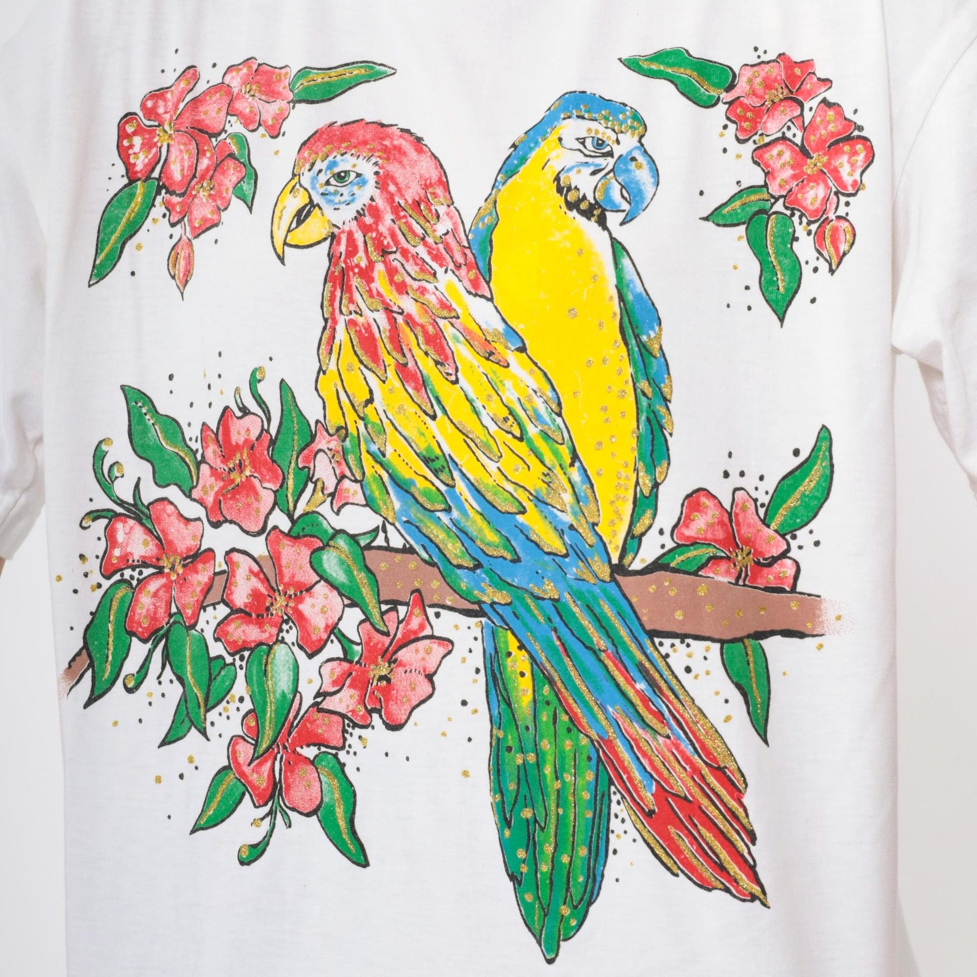 90s Parrot Tropical Graphic T-Shirt White Gold Glitter Bird Print Medium Large