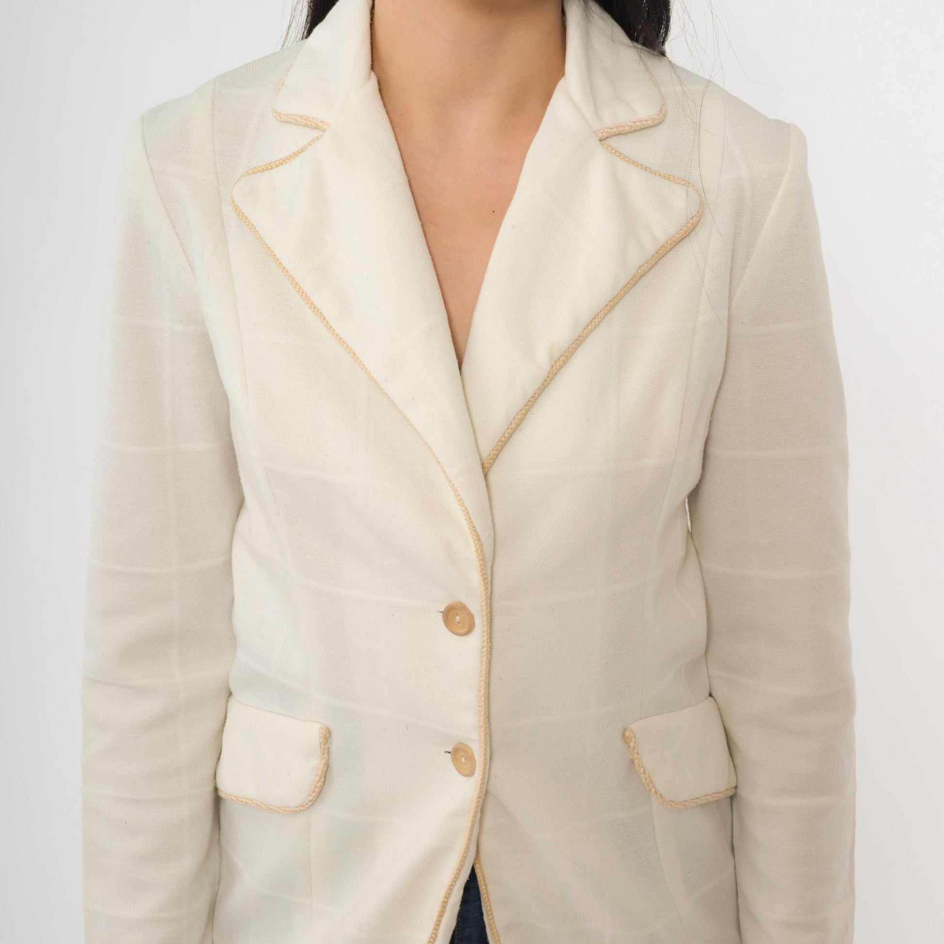 70s White Checkered Blazer Jacket Notched Collar Tan Trim Small