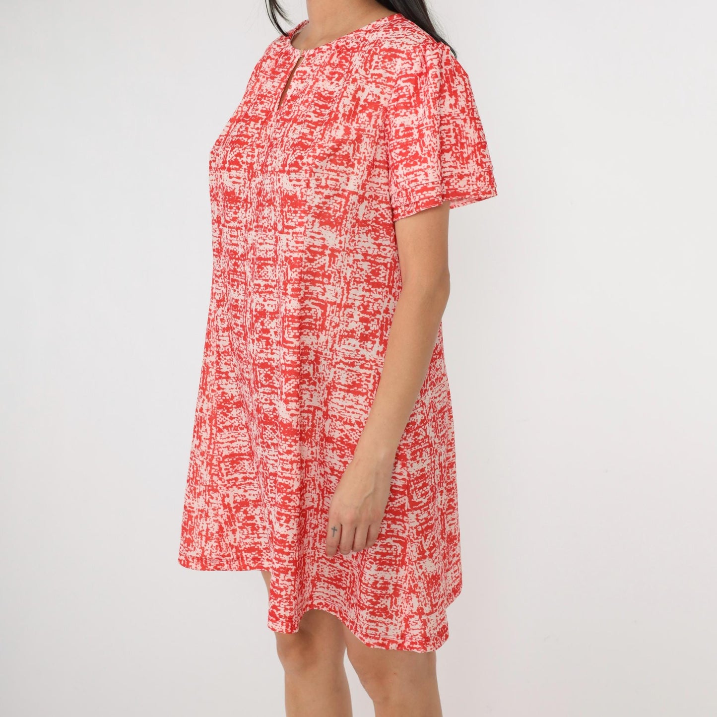 70s Abstract Red Mini Dress Puff Sleeve A-Line Shift Extra Large