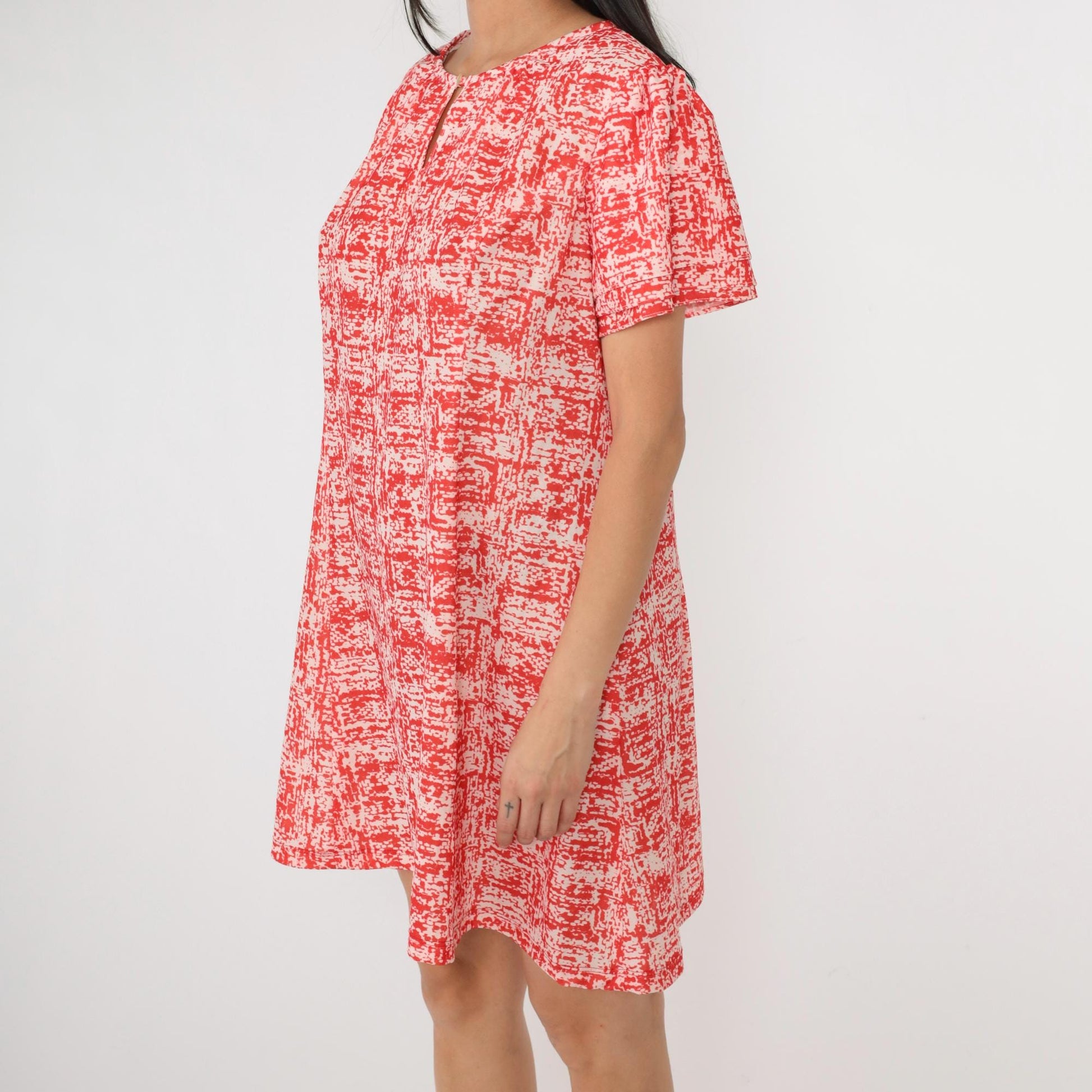 70s Abstract Red Mini Dress Puff Sleeve A-Line Shift Extra Large
