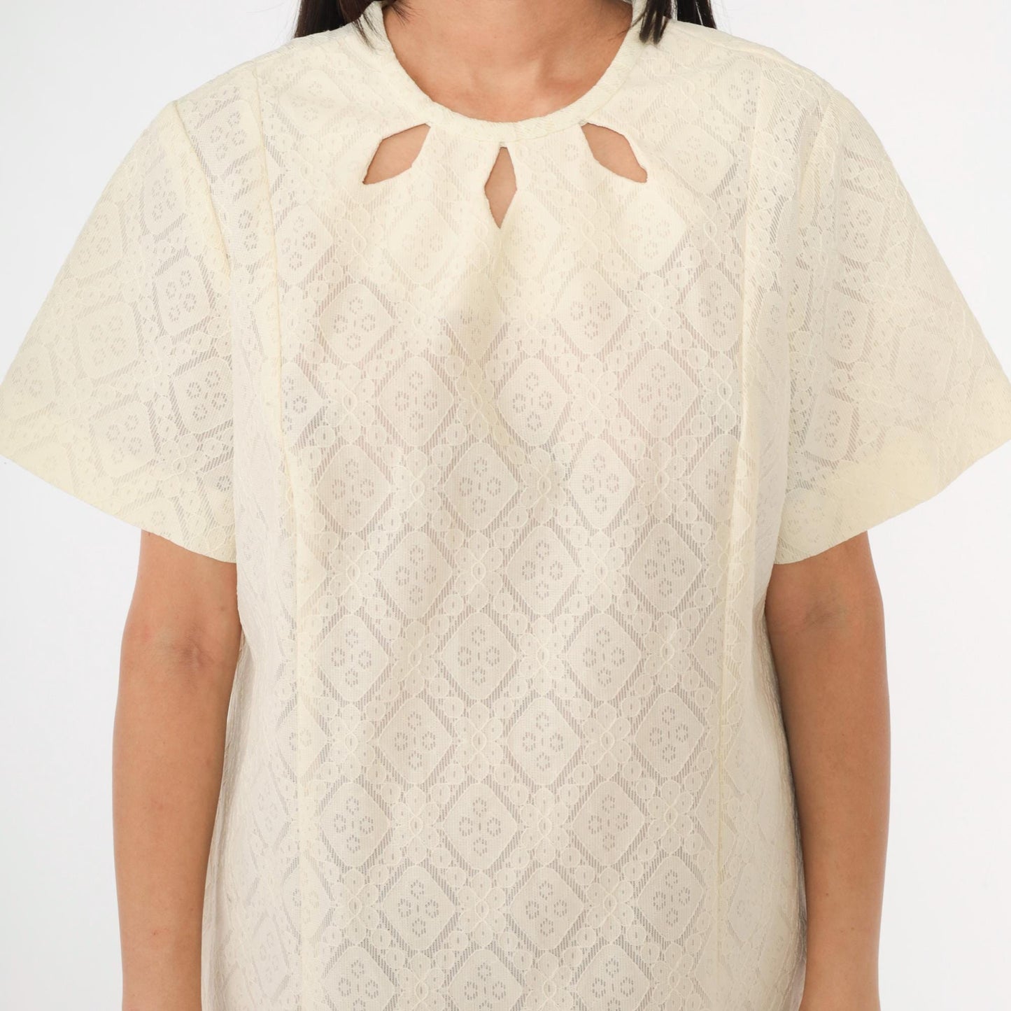 1960s Cream Lace Mini Dress Keyhole Neck Short Sleeve Shift Extra Large