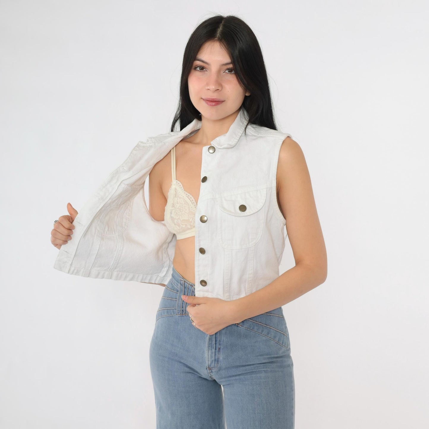 90s White Corduroy Vest Cropped Button-Up Utility Pockets Small