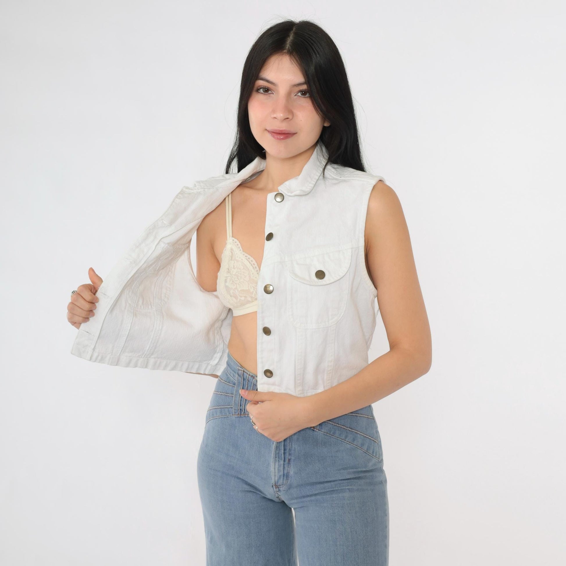 90s White Corduroy Vest Cropped Button-Up Utility Pockets Small
