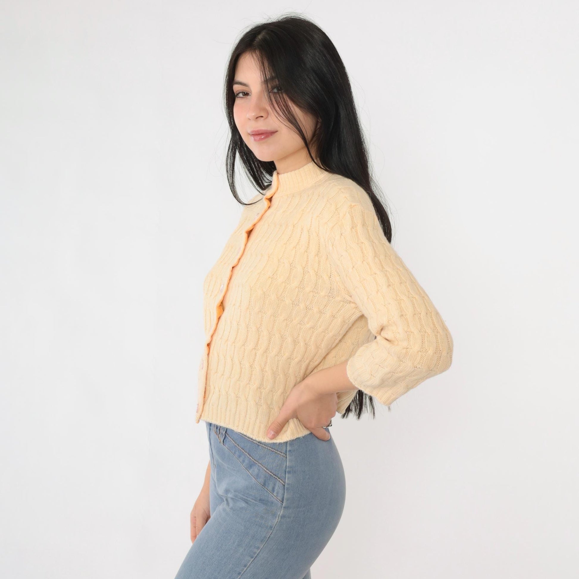 60s Cream Cable Knit Cardigan Cropped Wool Blend Button Up 3/4 Sleeve Extra Small
