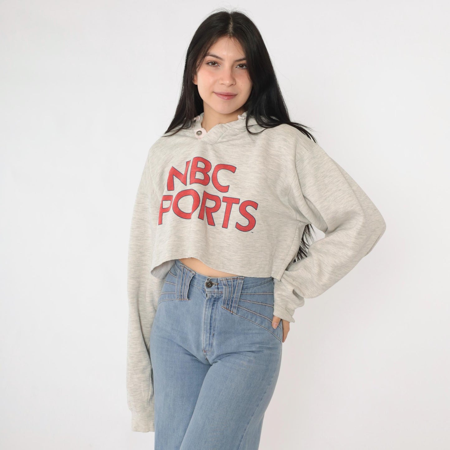 90s NBC Sports Cropped Hoodie Heather Gray Graphic Pullover Extra Large XL