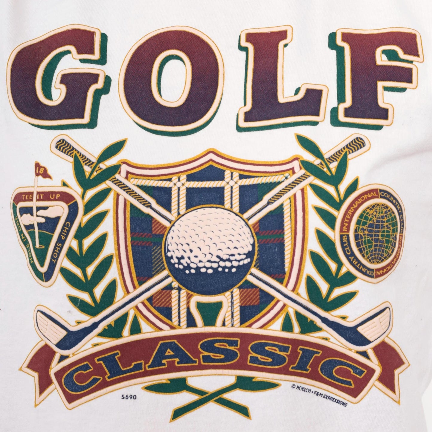90s Golf Classic Crest Graphic T-Shirt Single Stitch White Extra Small