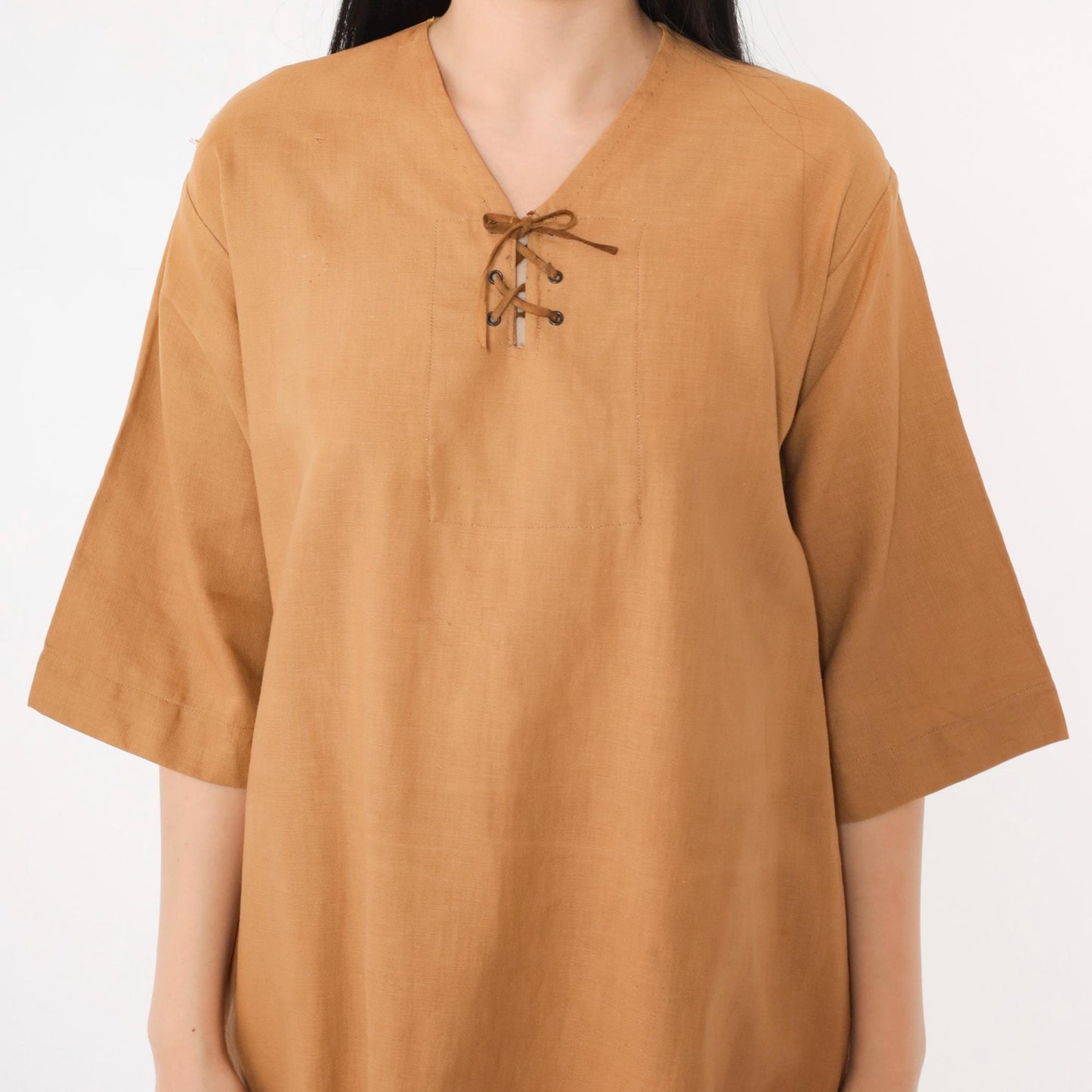 70s Tan Suede Fringe Tunic Dress Lace-Up Neckline Knee Length Medium M