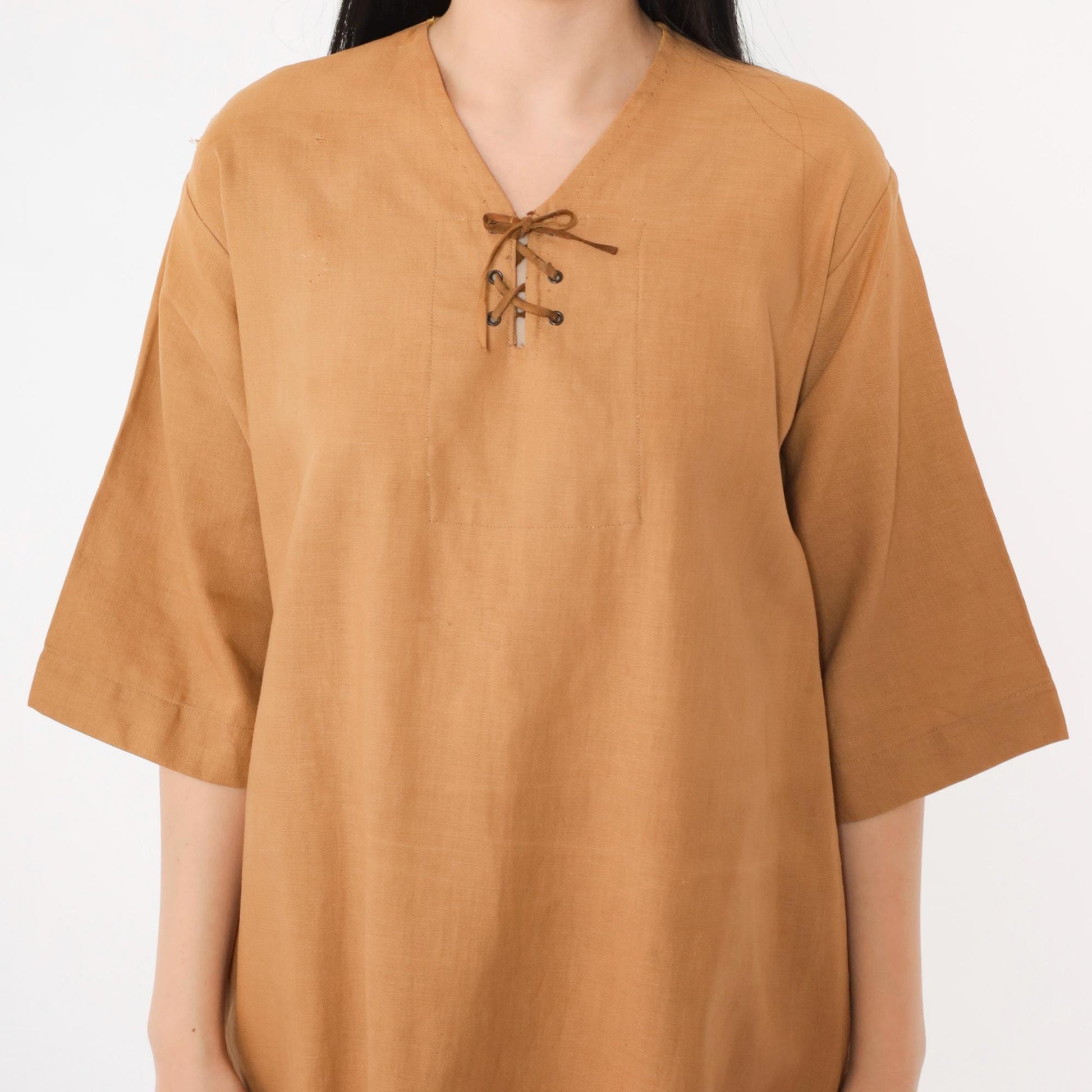 70s Tan Suede Fringe Tunic Dress Lace-Up Neckline Knee Length Medium M