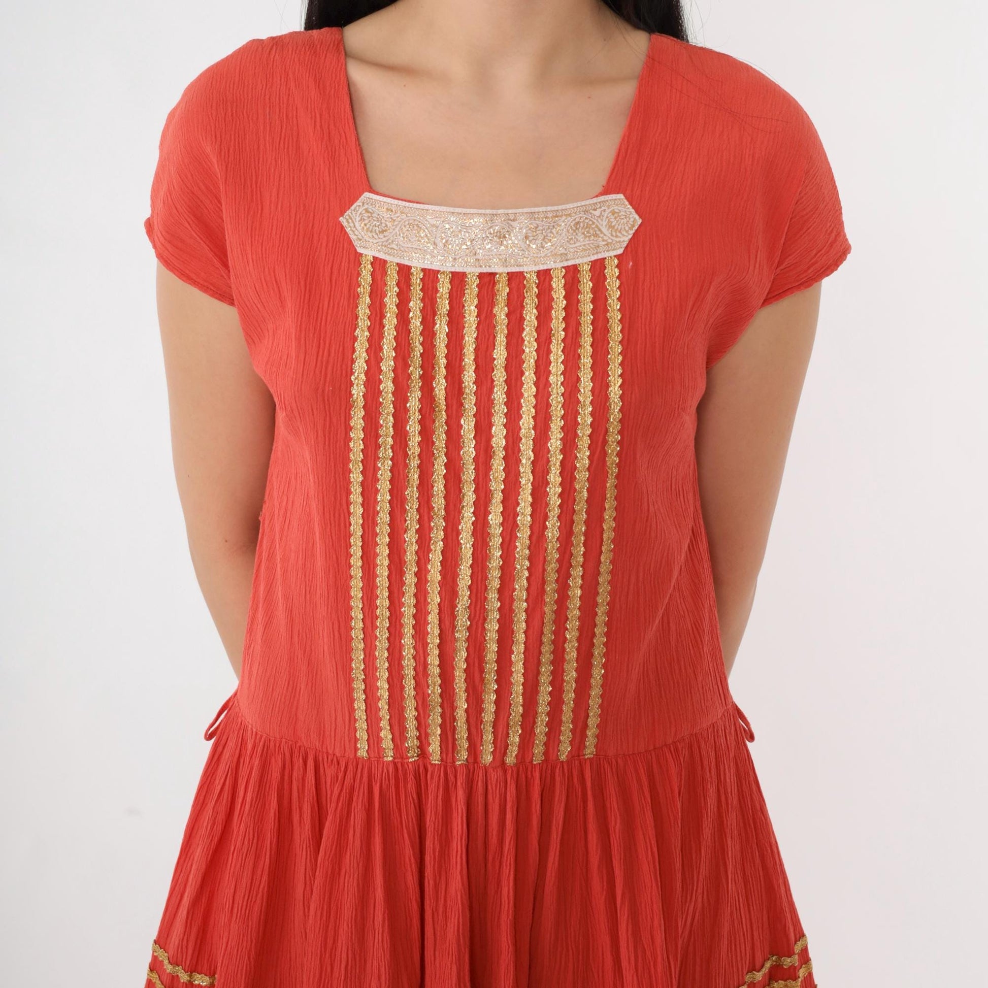 1950s Thunderbird Fashions Orange Crinkle Cotton Patio Dress Square Neckline Medium
