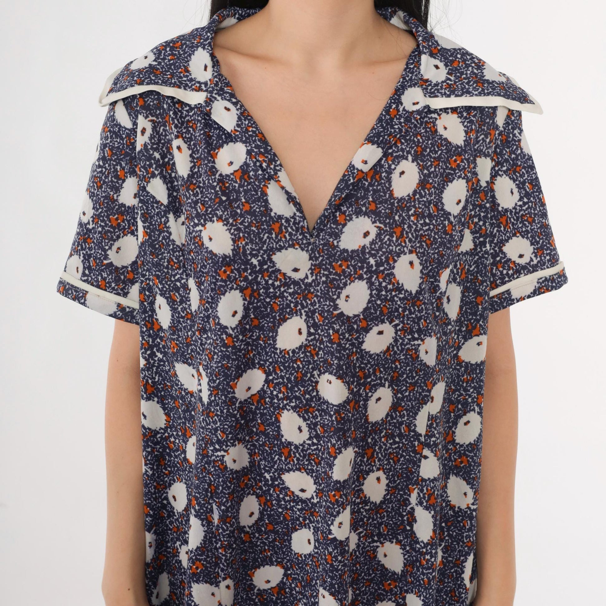 70s Blue Abstract Leaf Print Midi Dress Collared V-Neck Shift Large