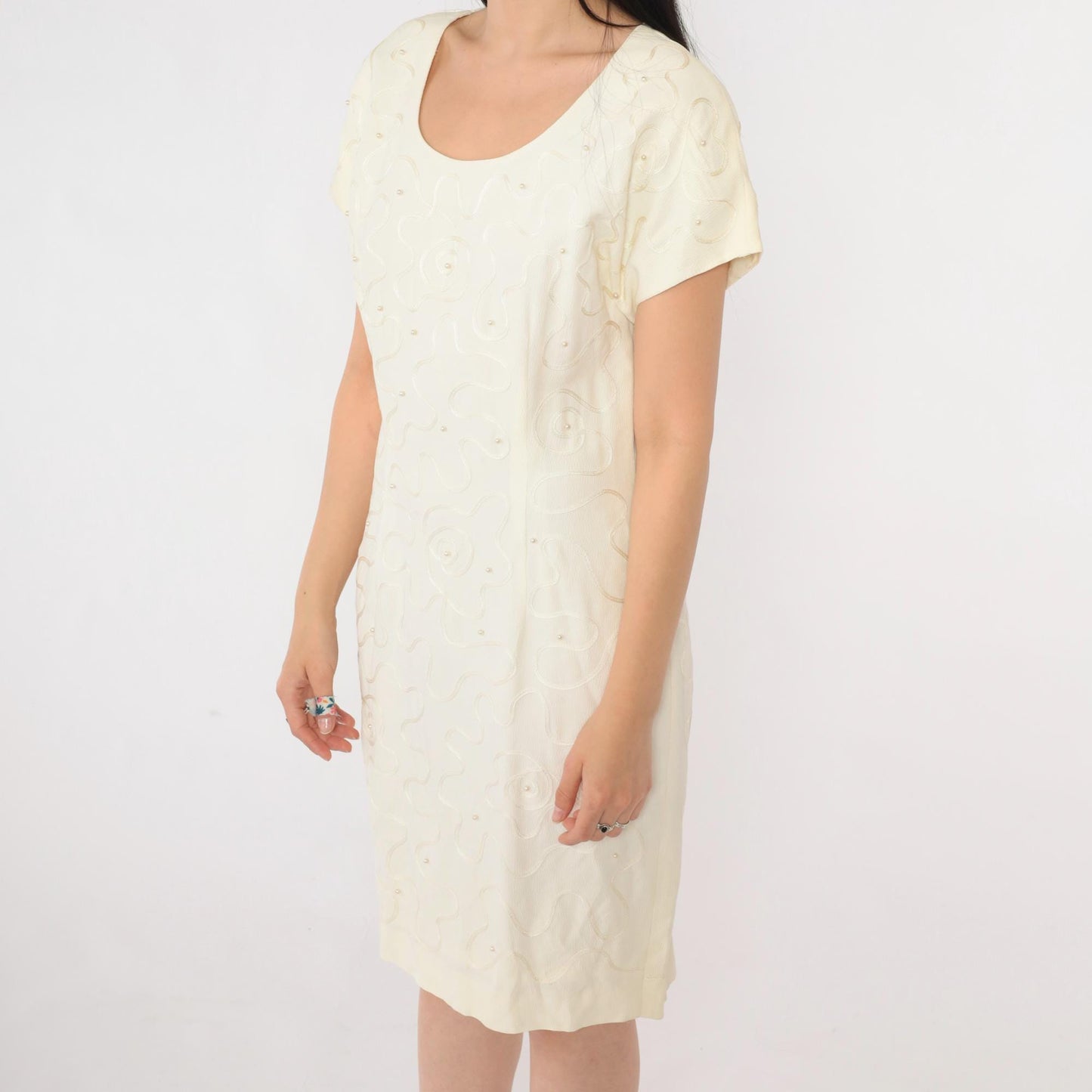90s Donna Ricco Cream Pearl Beaded Soutache Mini Dress Scoop Neck Small