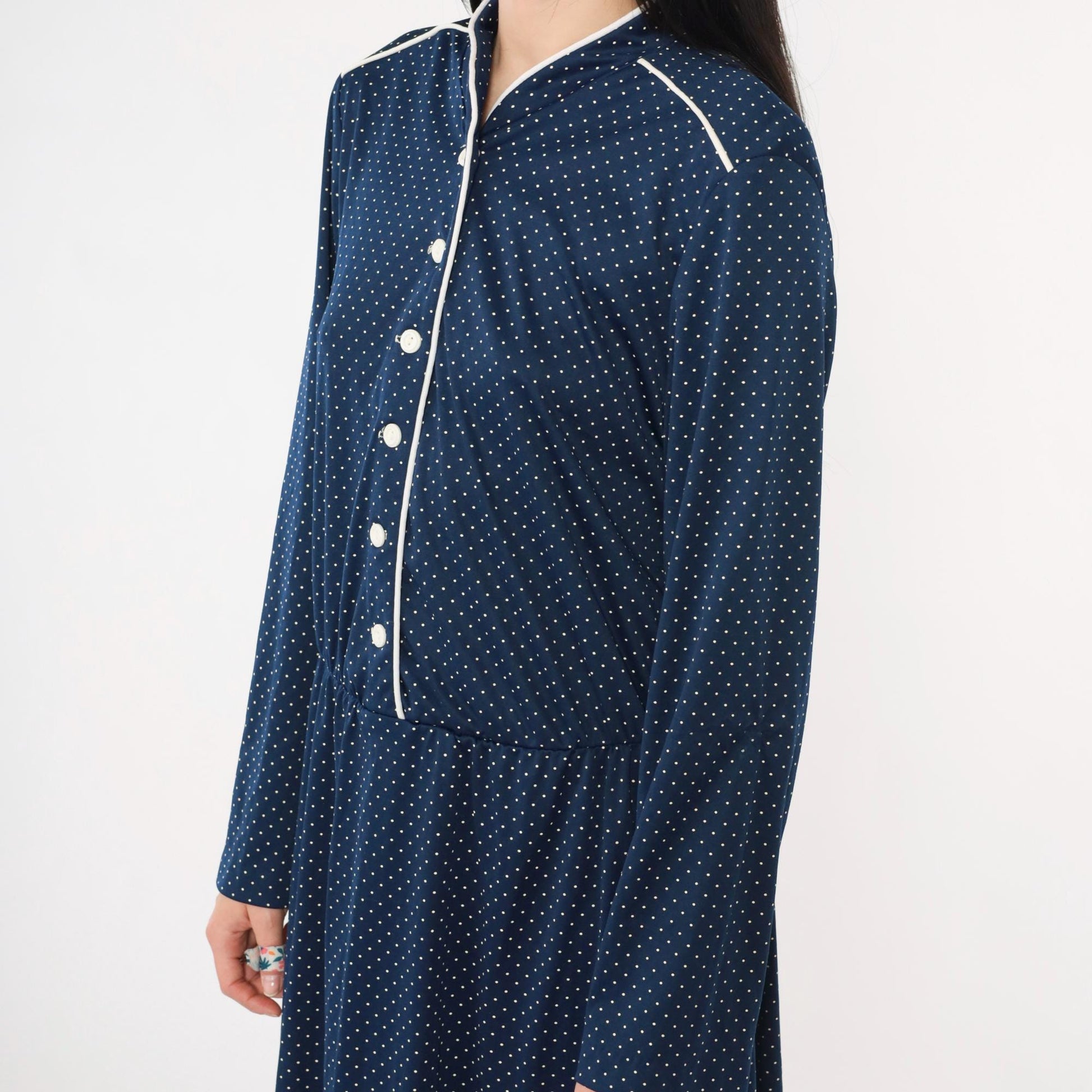 70s Polka Dot Midi Shirtdress Navy Blue High Waist Button Up Long Sleeve Large L